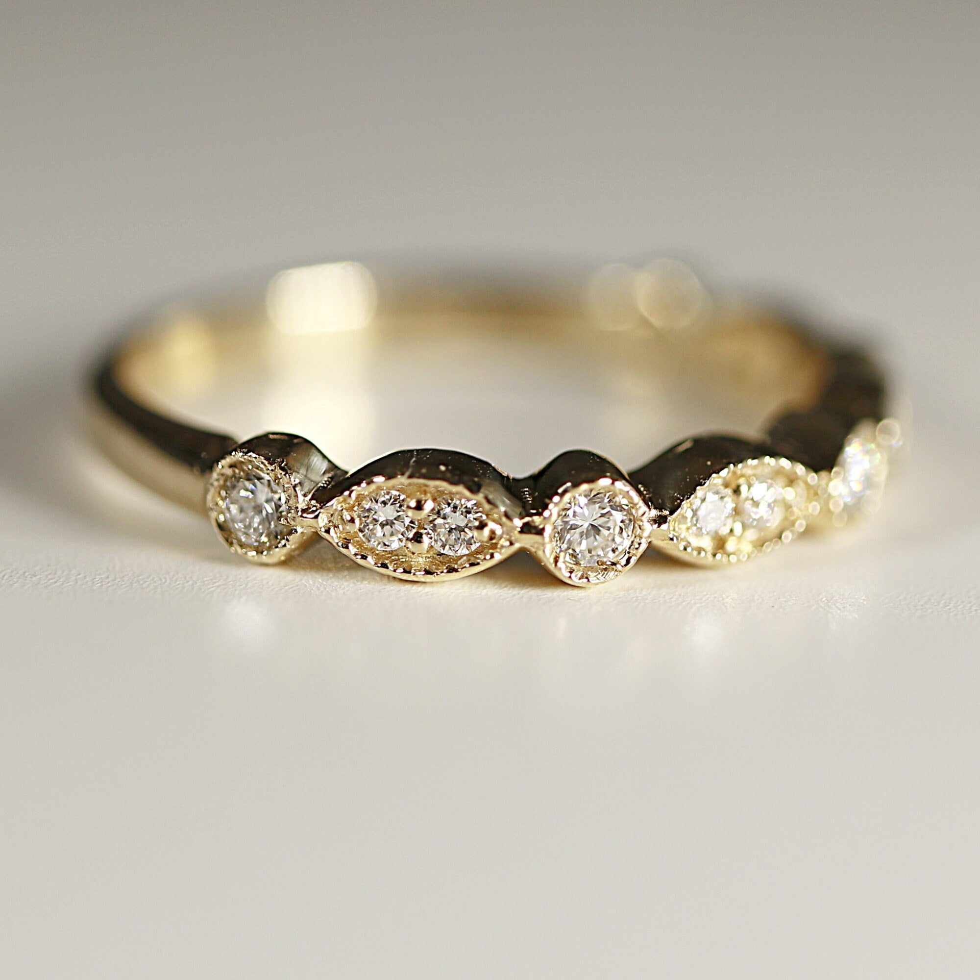 Art Deco Wedding Band 14k Solid Gold, Milgrain Diamond Wedding Ring