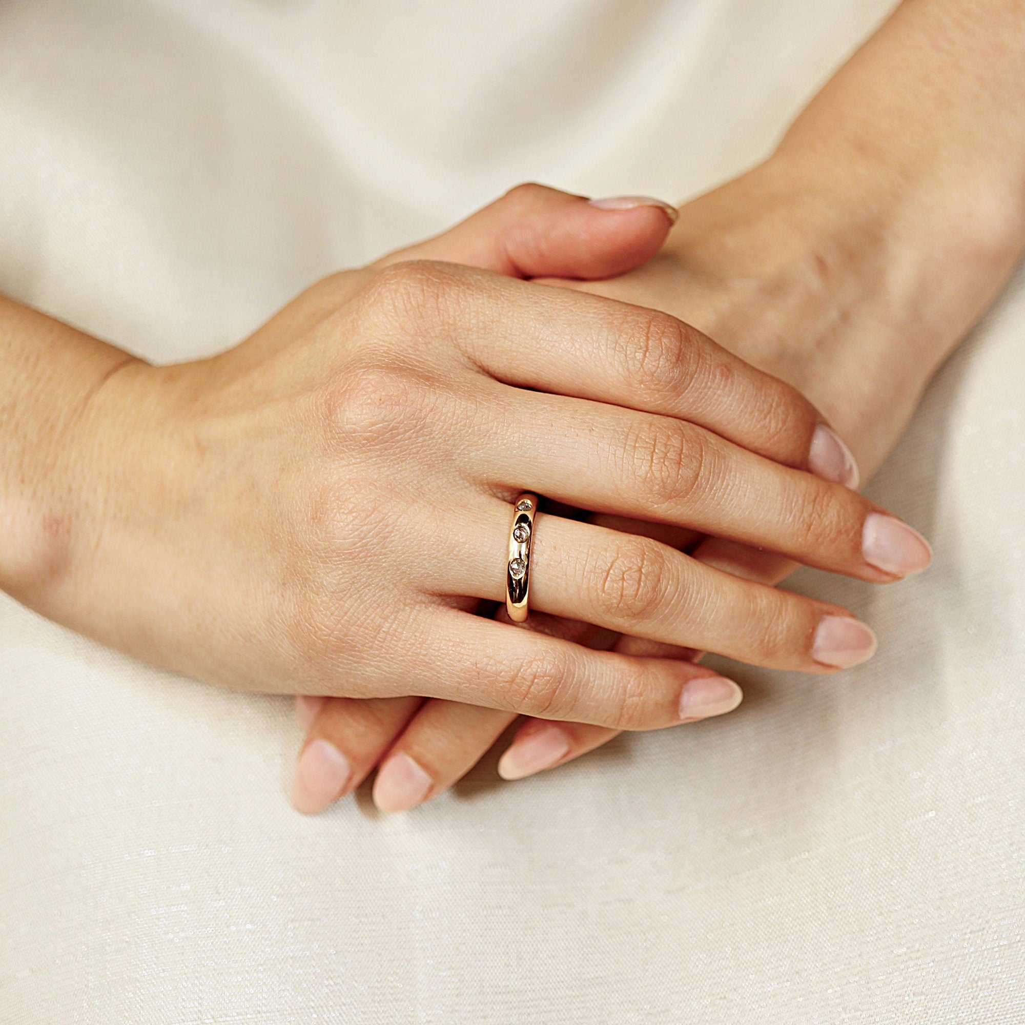 4mm Dome Wedding Band, Flush Set Diamond Wide Gold Band Ring