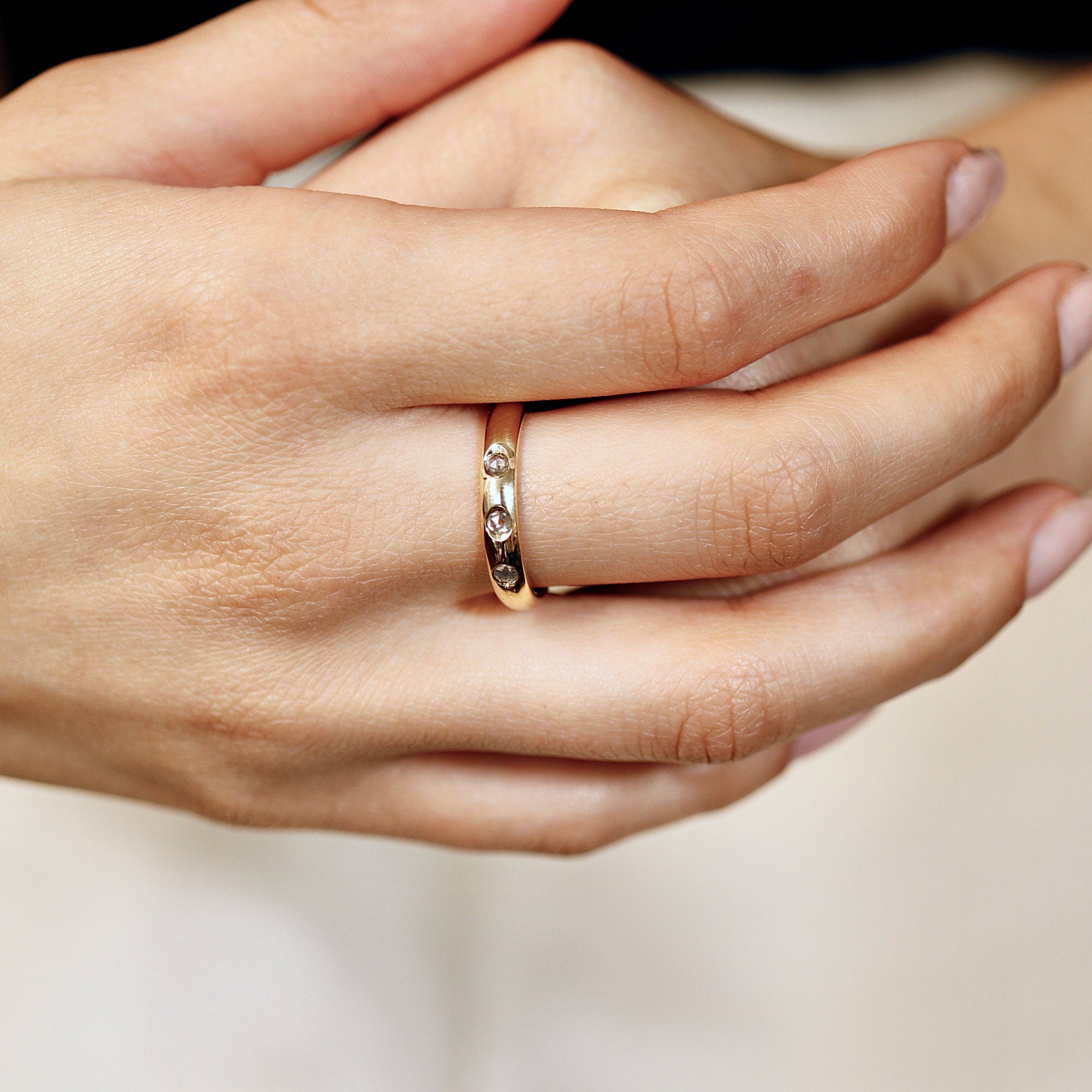 4mm Dome Wedding Band, Flush Set Diamond Wide Gold Band Ring