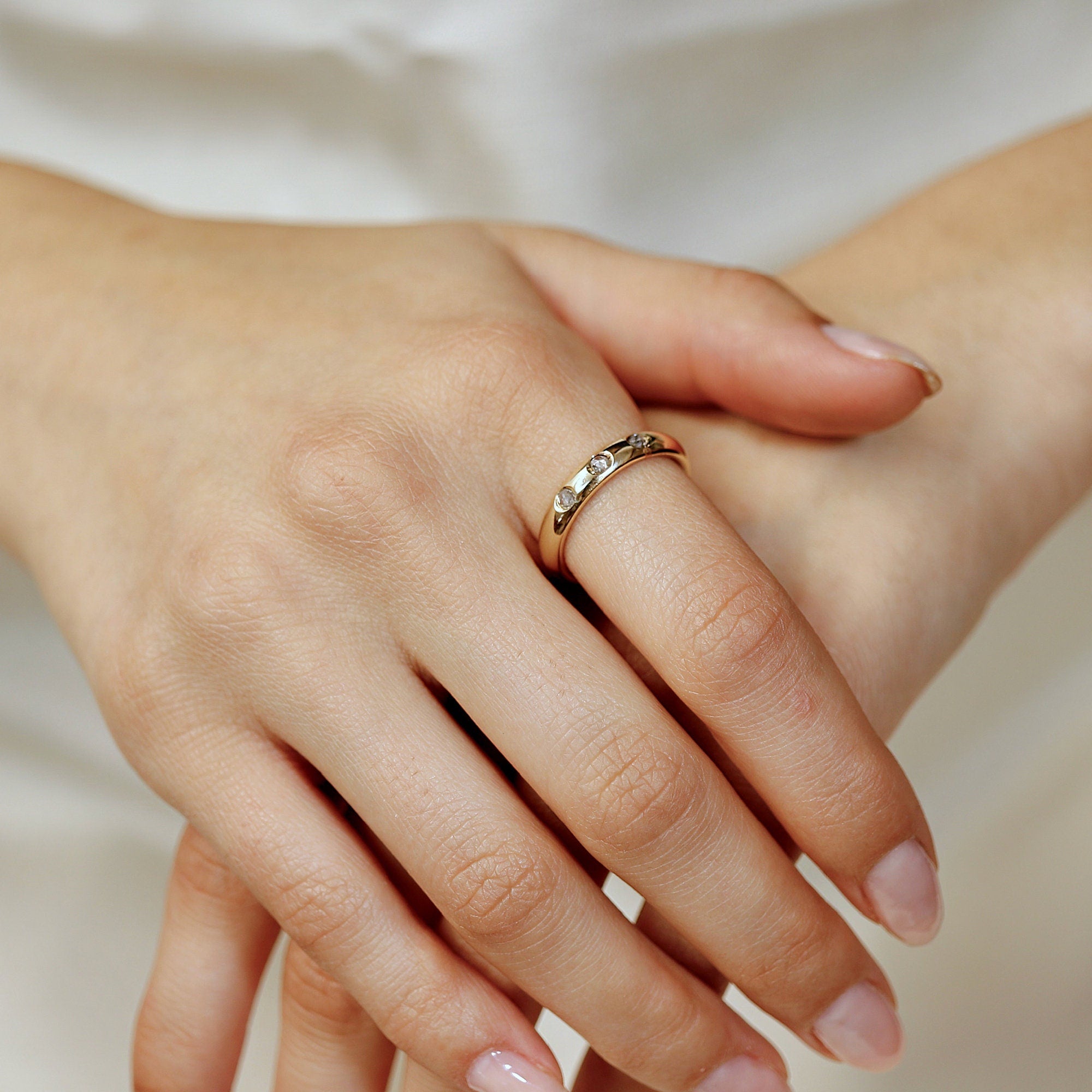 4mm Dome Wedding Band, Flush Set Diamond Wide Gold Band Ring