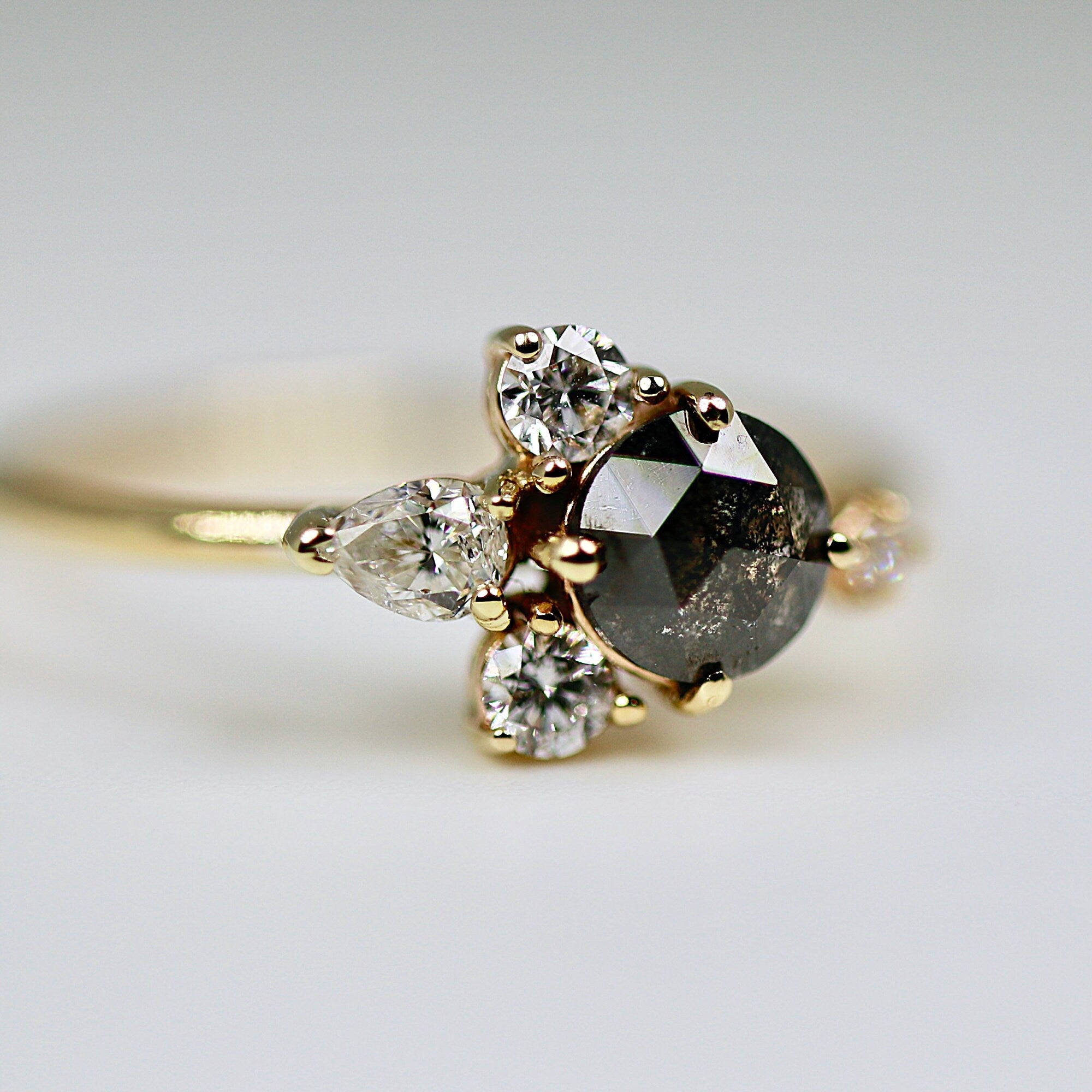 Handcrafted Rose Cut Salt and Pepper Diamond Cluster Ring