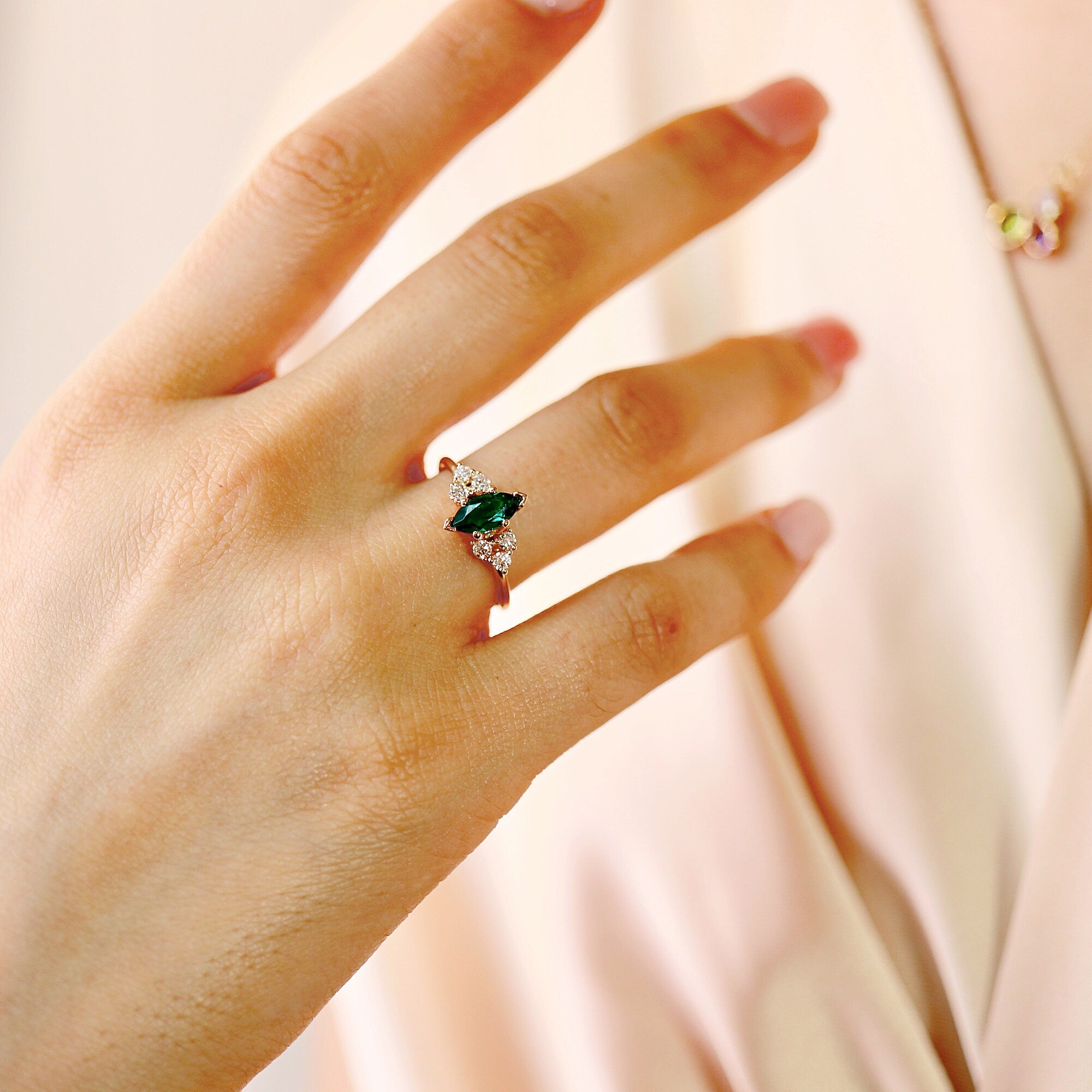 14k Gold Marquise Cut Emerald and Diamond Ring