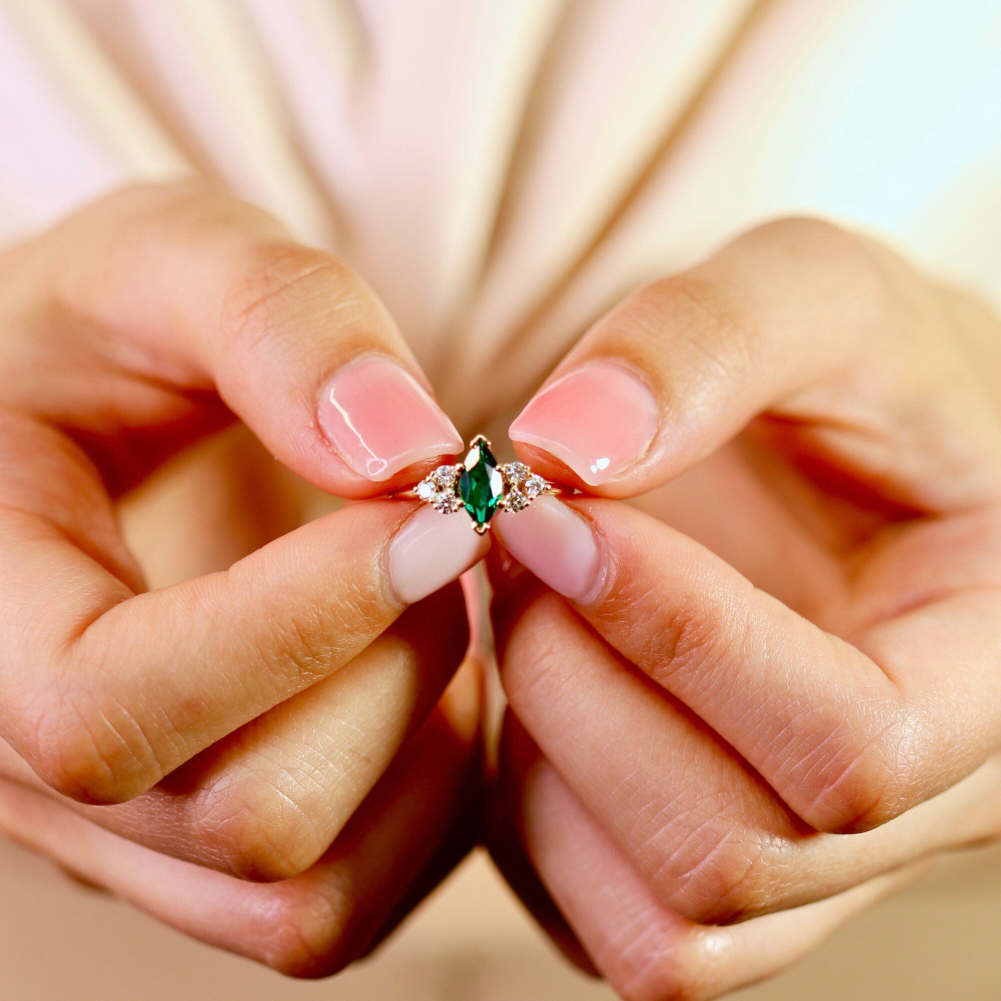 14k Gold Marquise Cut Emerald and Diamond Ring
