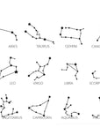 A black and white illustration of the 12 zodiac signs. The signs are arranged in three rows of four. The signs are Aries, Taurus, Gemini, Cancer, Leo, Virgo, Libra, Scorpio, Sagittarius, Capricorn, Aquarius, and Pisces. Each sign is labeled with its name below the constellation.