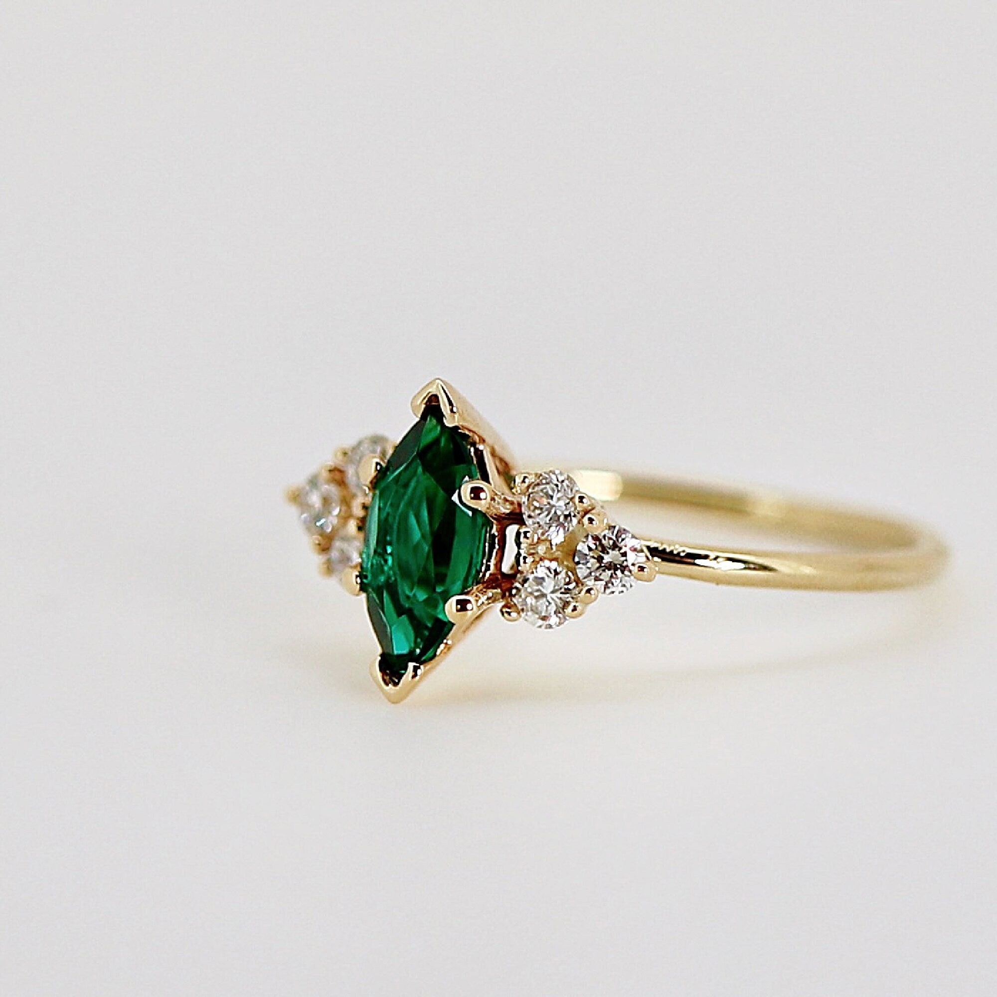14k Gold Marquise Cut Emerald and Diamond Ring