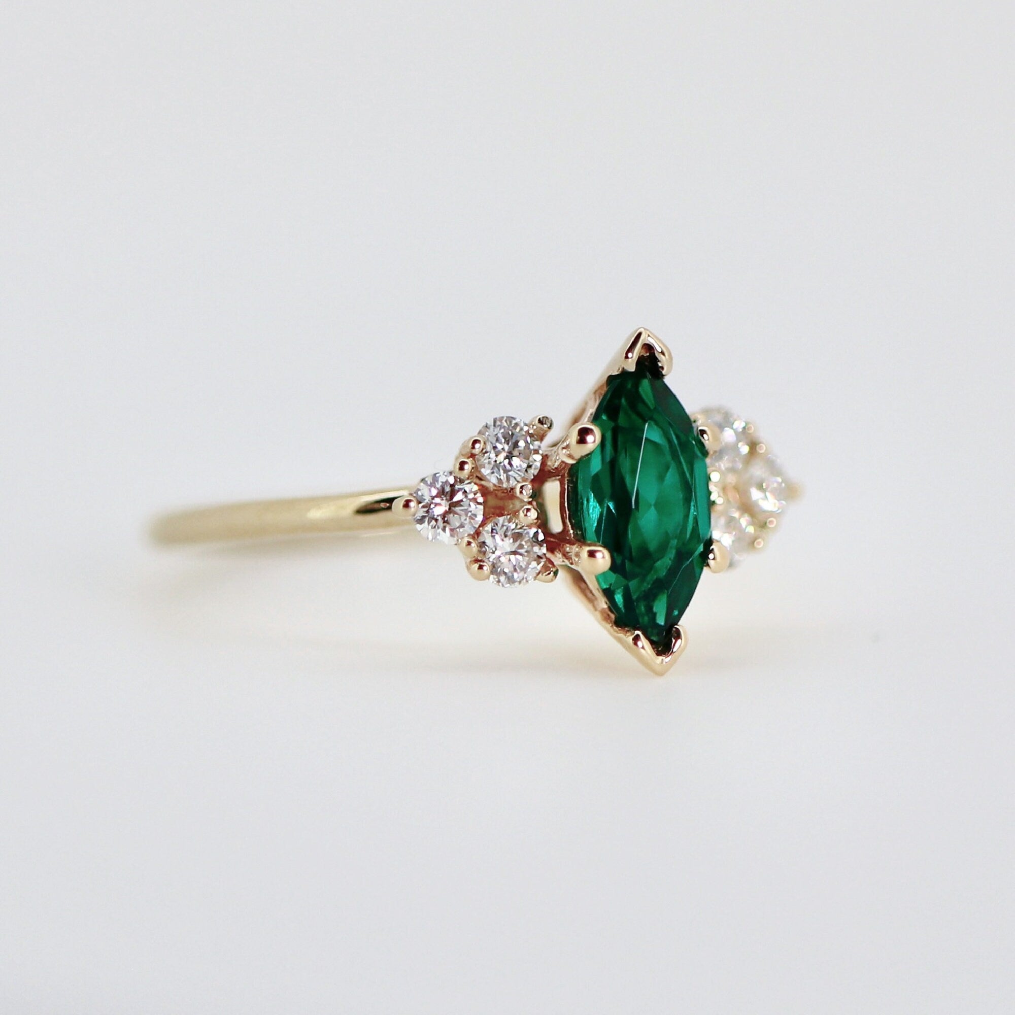 14k Gold Marquise Cut Emerald and Diamond Ring