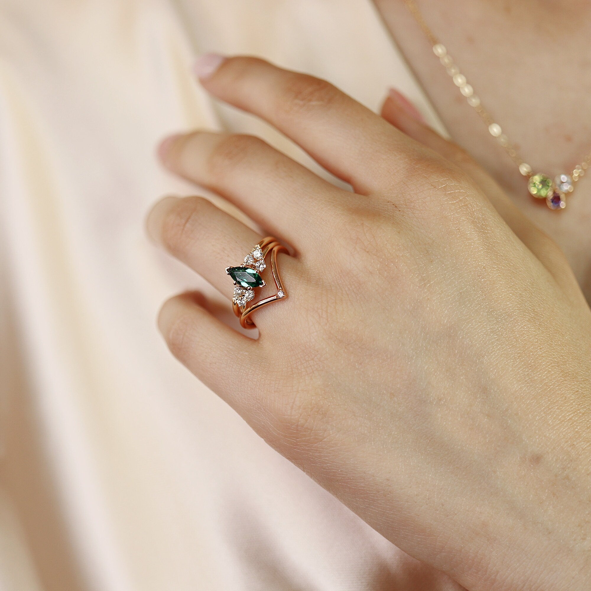 14k Gold Marquise Cut Emerald and Diamond Ring