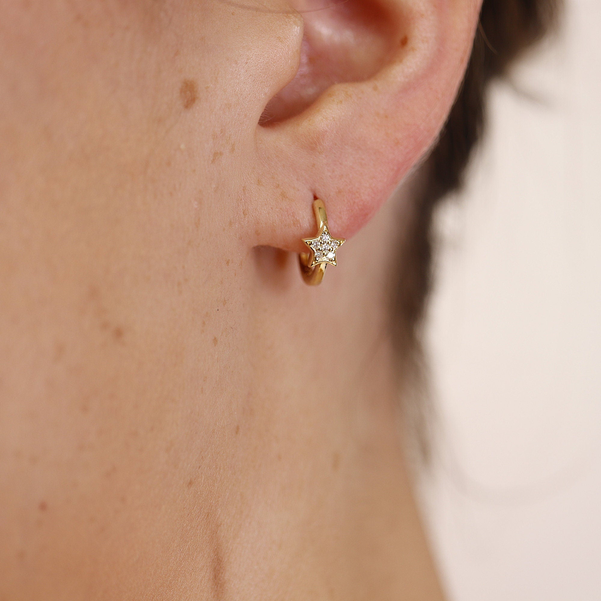 Paved Diamond Star Huggie Hoop Earrings 14k Gold