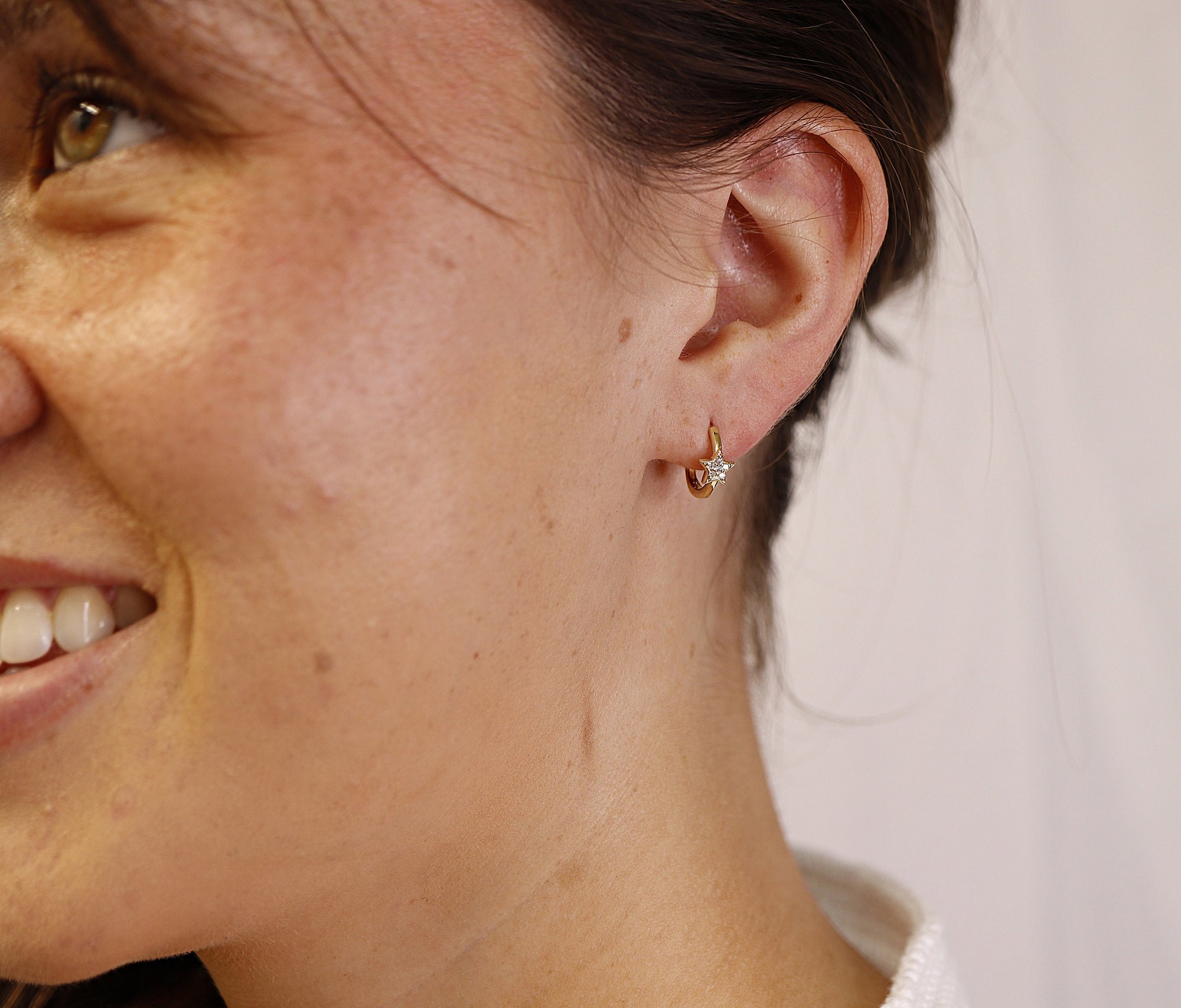 Paved Diamond Star Huggie Hoop Earrings 14k Gold