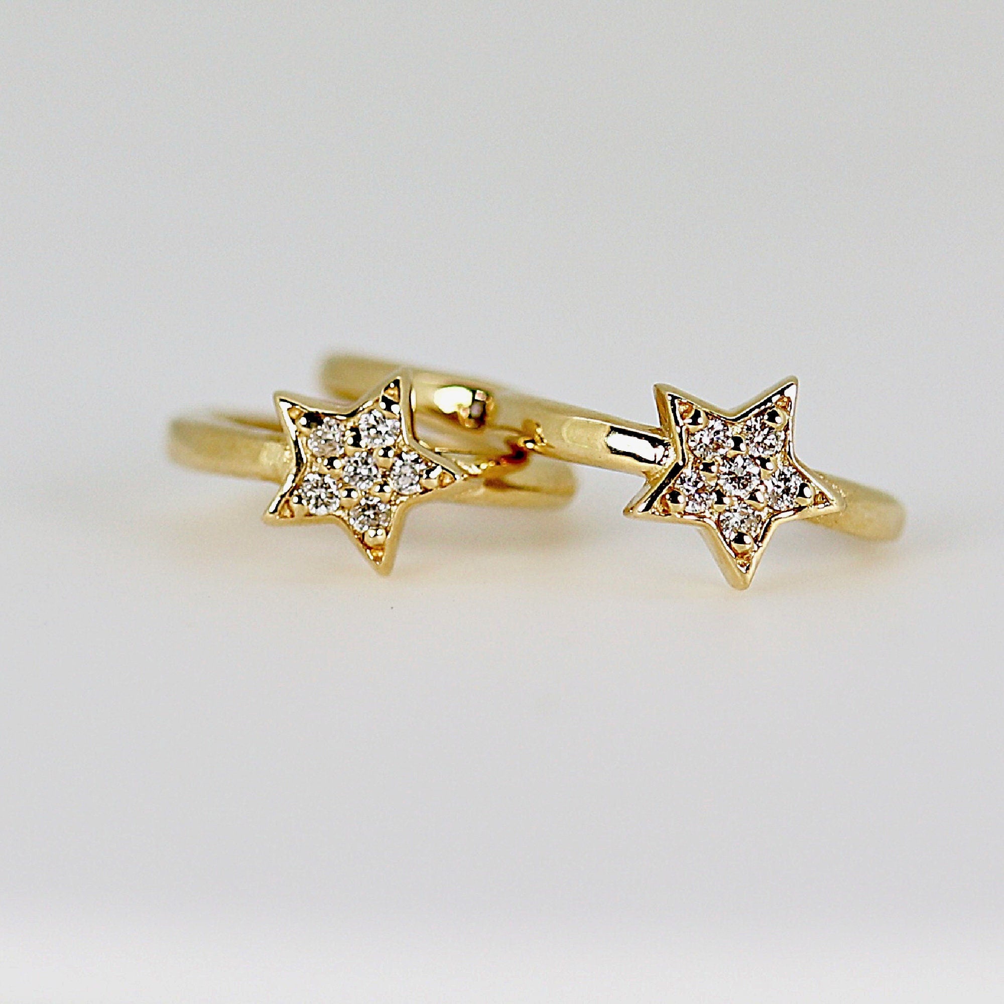 Paved Diamond Star Huggie Hoop Earrings 14k Gold