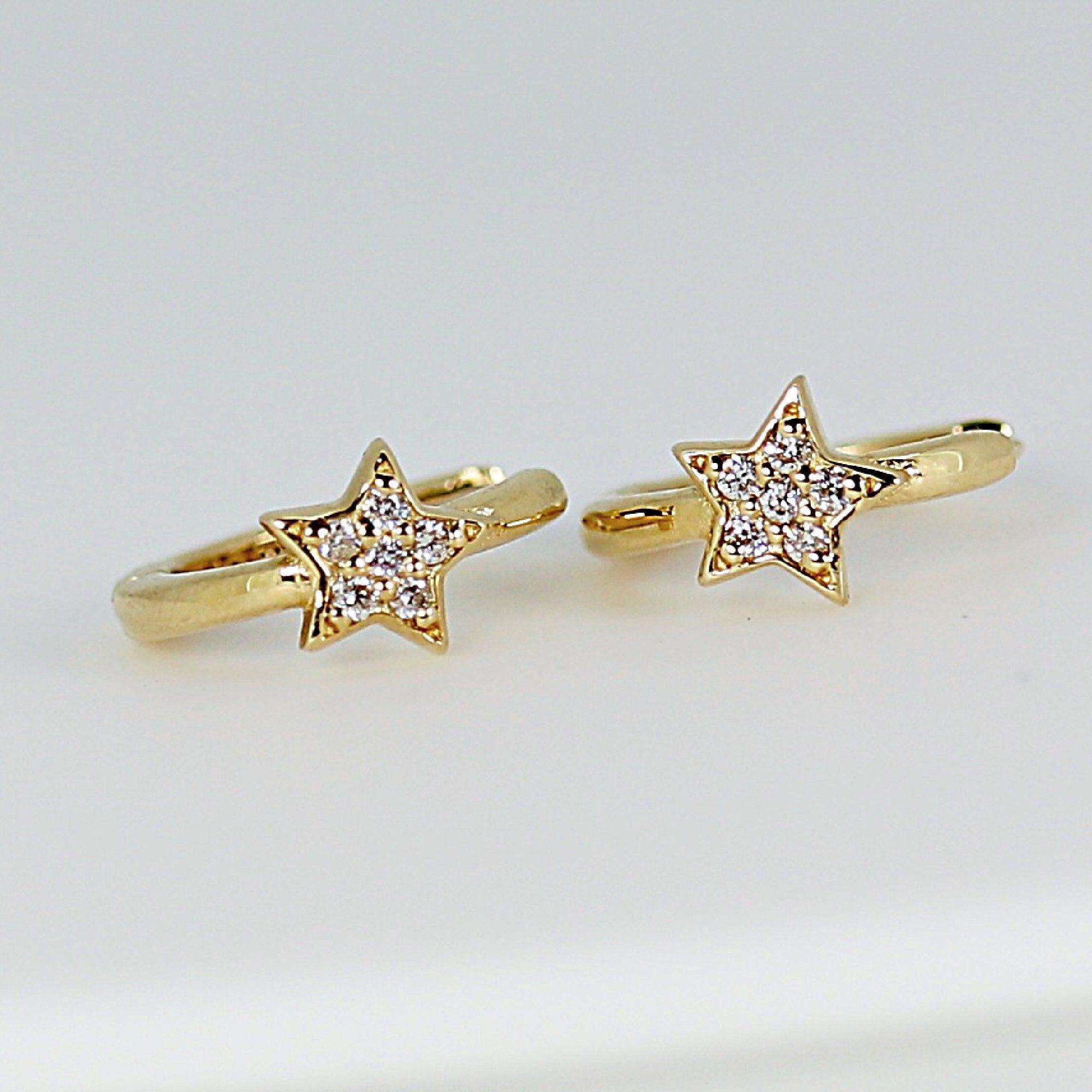 Paved Diamond Star Huggie Hoop Earrings 14k Gold