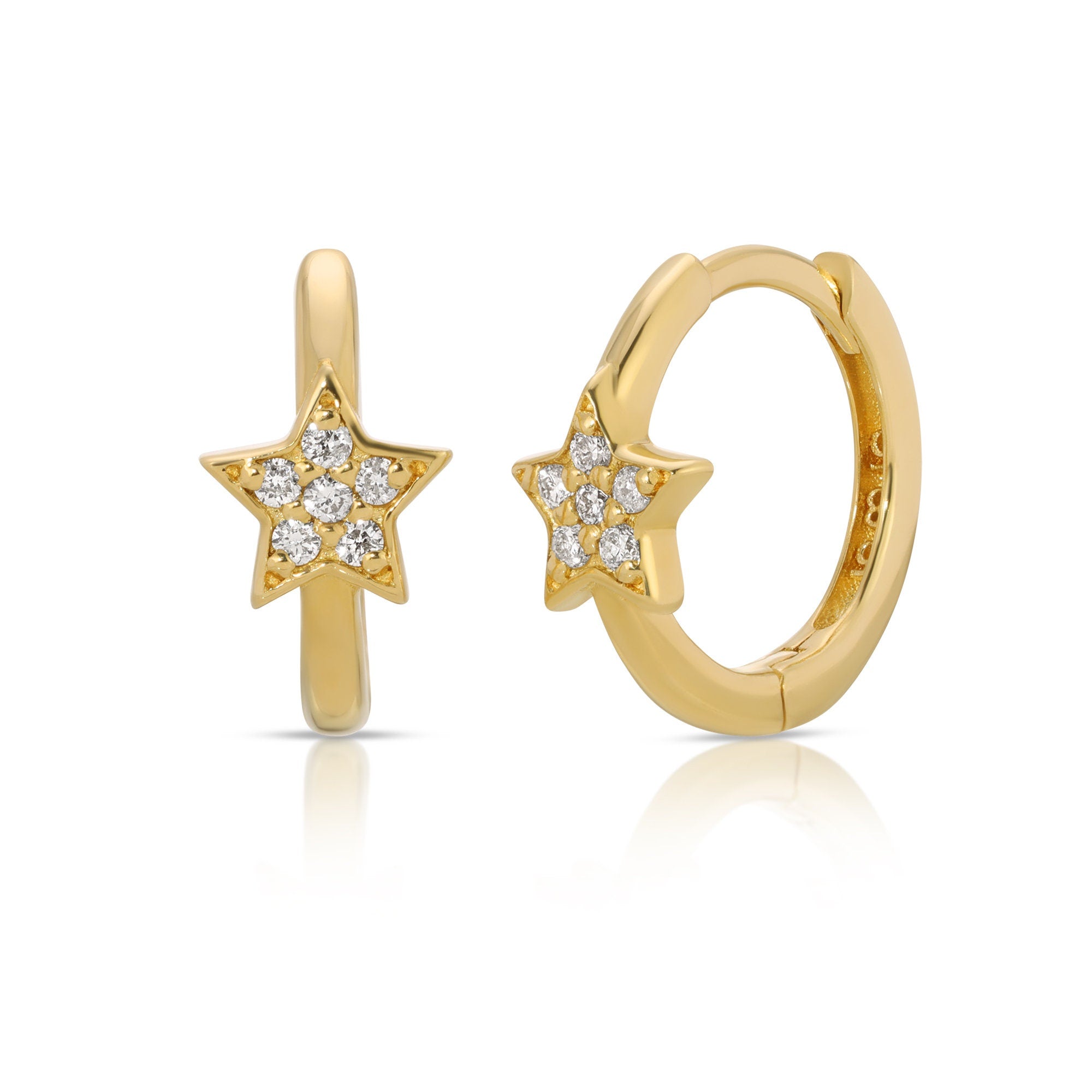 Paved Diamond Star Huggie Hoop Earrings 14k Gold