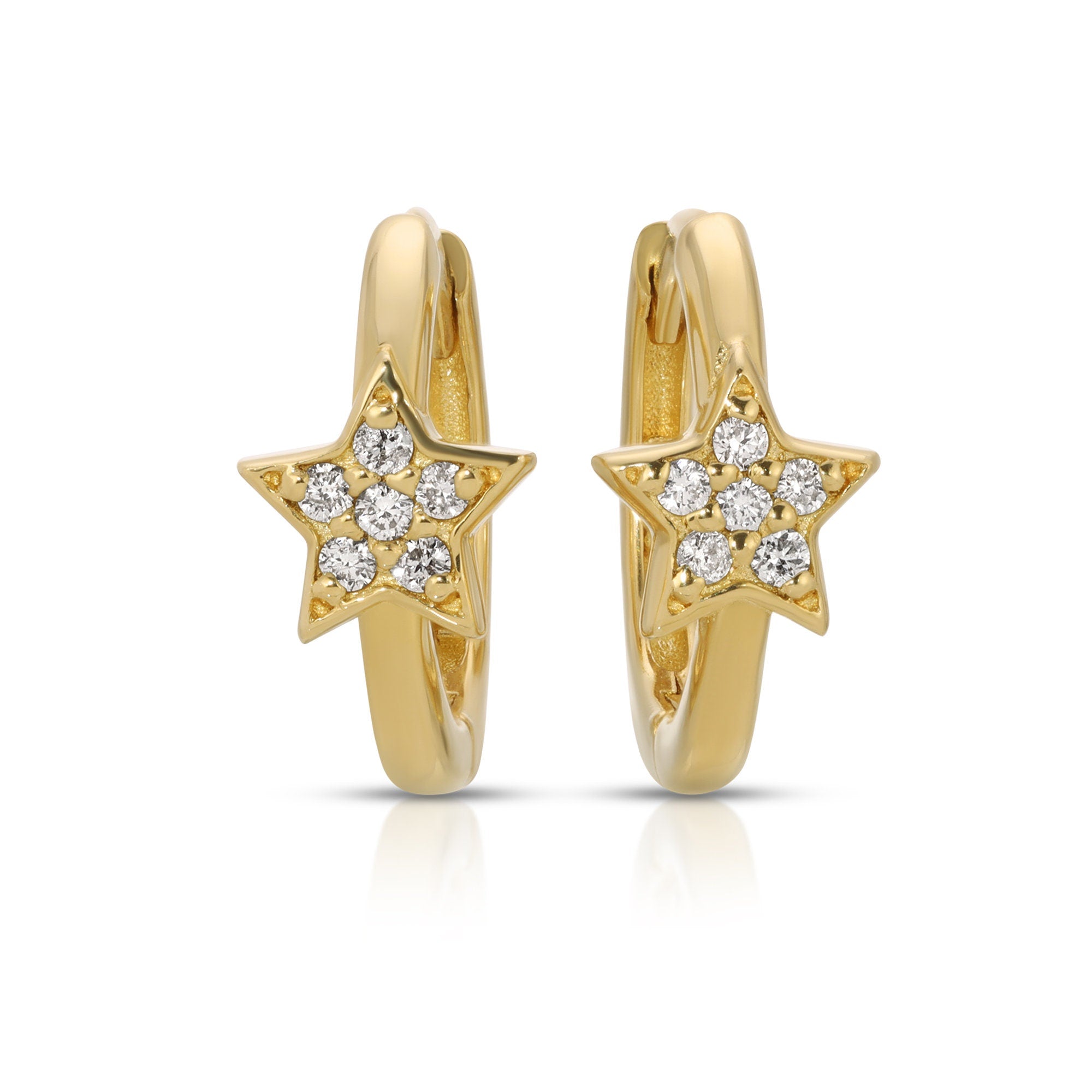 Paved Diamond Star Huggie Hoop Earrings 14k Gold