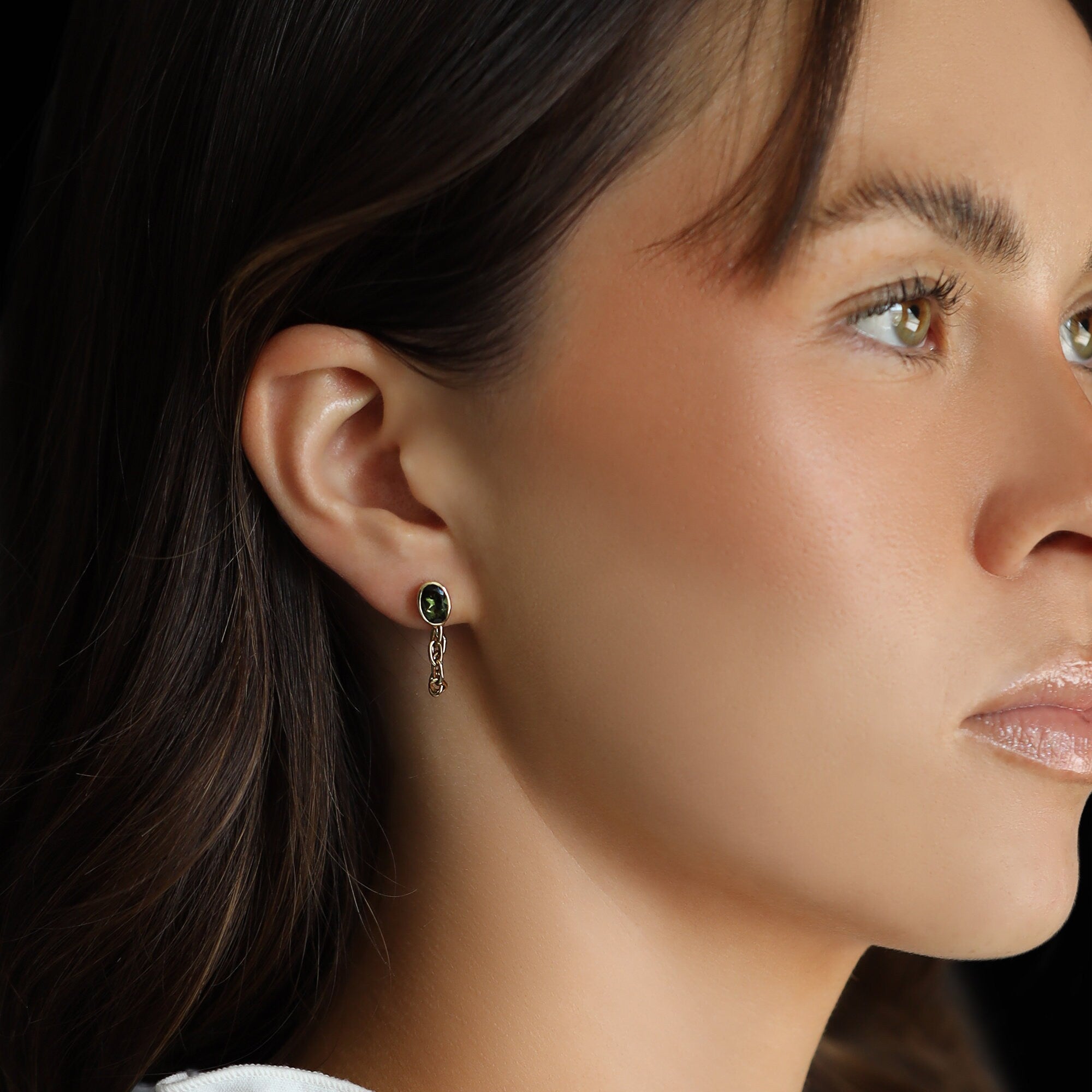 14k Solid Gold Green Tourmaline Chain Earrings