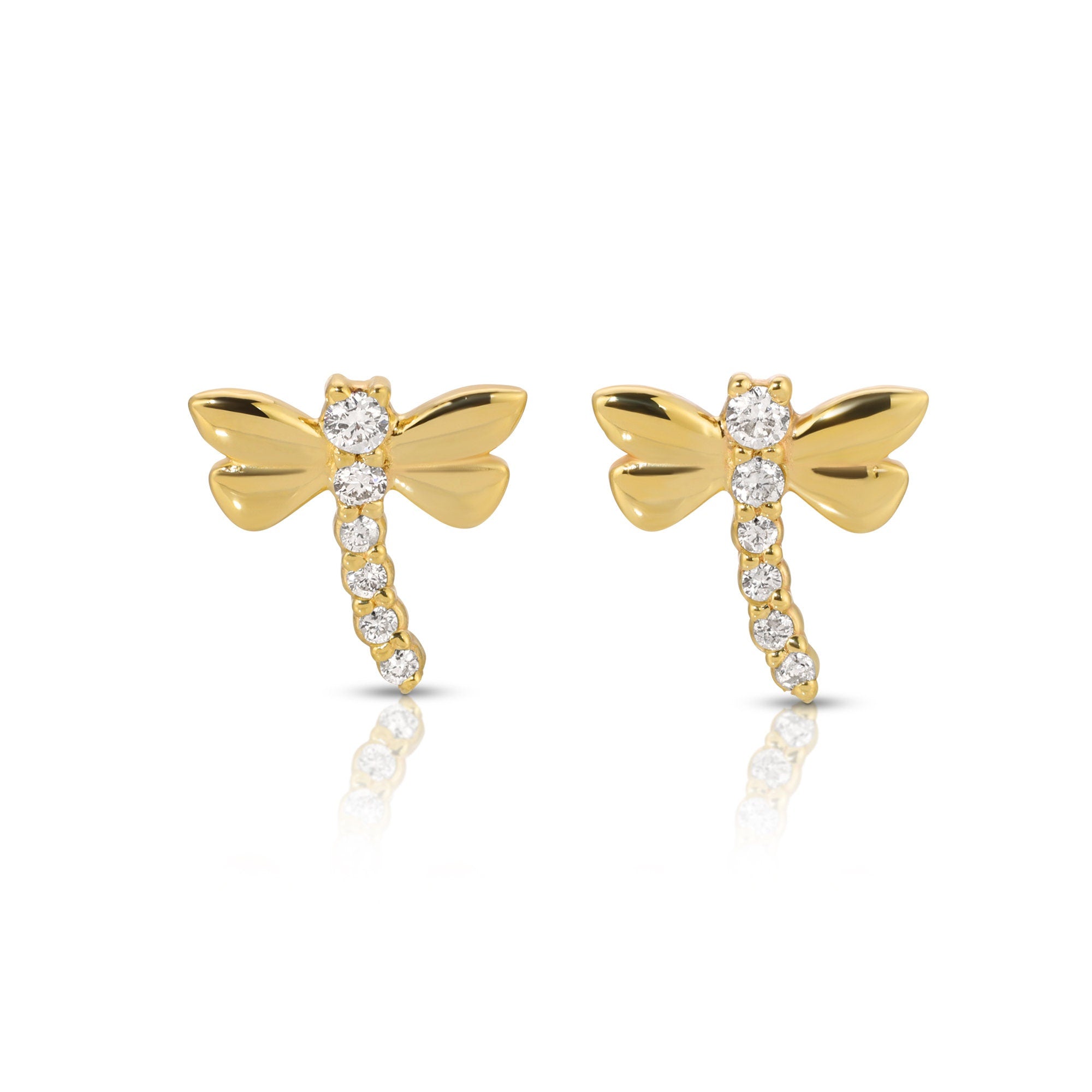14k Gold Diamond Dragonfly Stud Earrings, Nature Inspired Gift