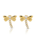 A pair of gold dragonfly earrings with clear cubic zirconia stones.