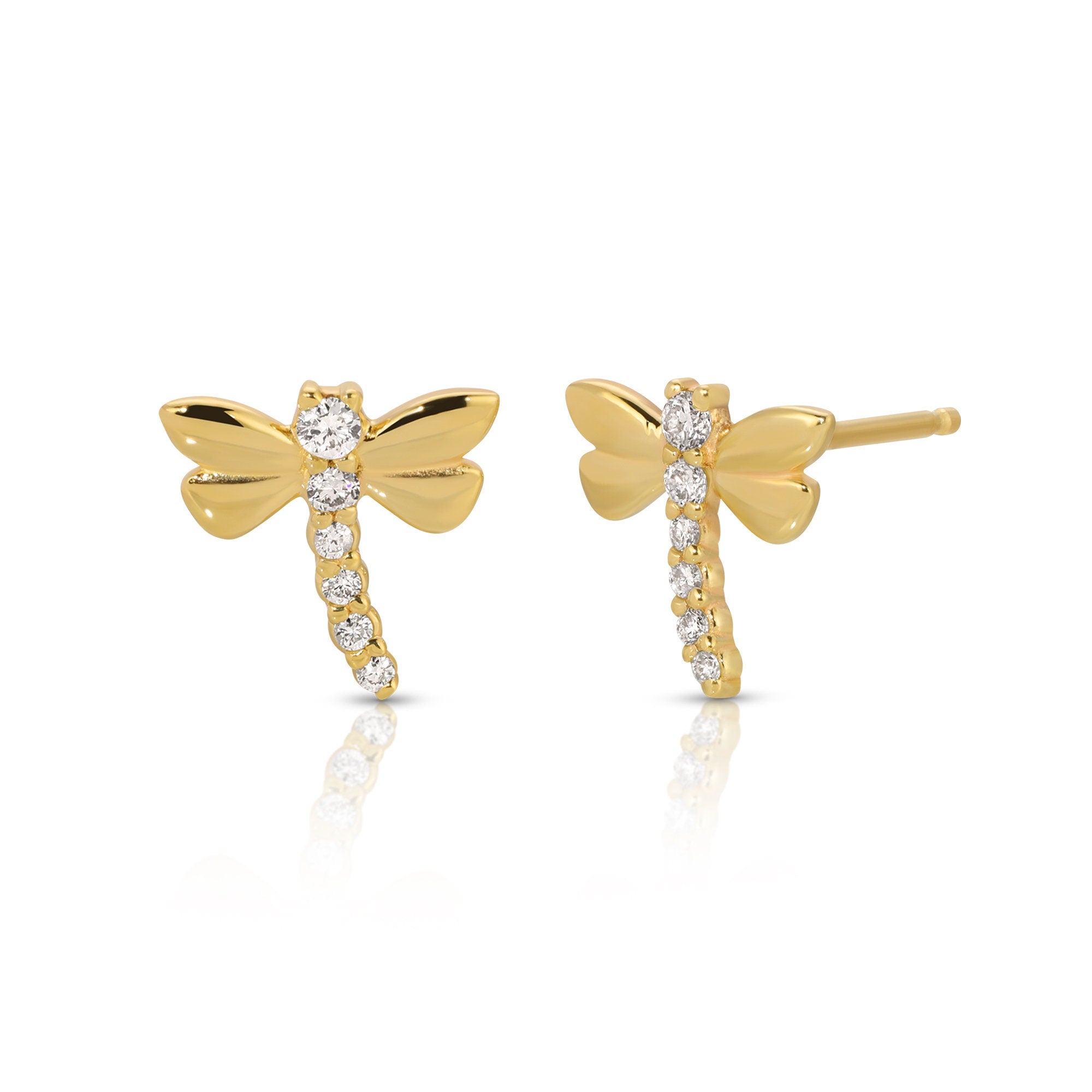 14k Gold Diamond Dragonfly Stud Earrings, Nature Inspired Gift