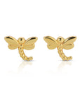 A pair of gold dragonfly stud earrings. The dragonflies are detailed with a segmented body and wings.