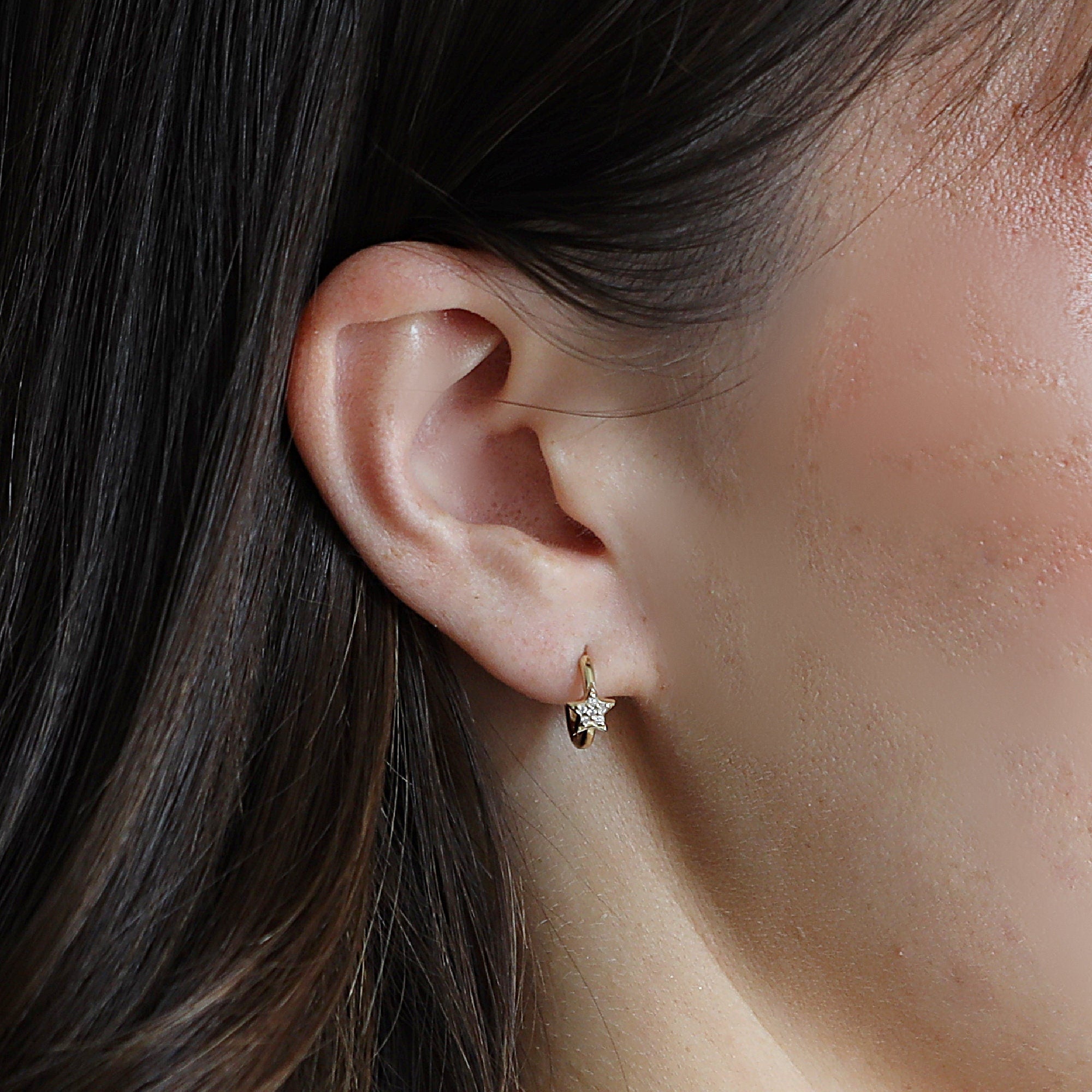 Paved Diamond Star Huggie Hoop Earrings 14k Gold