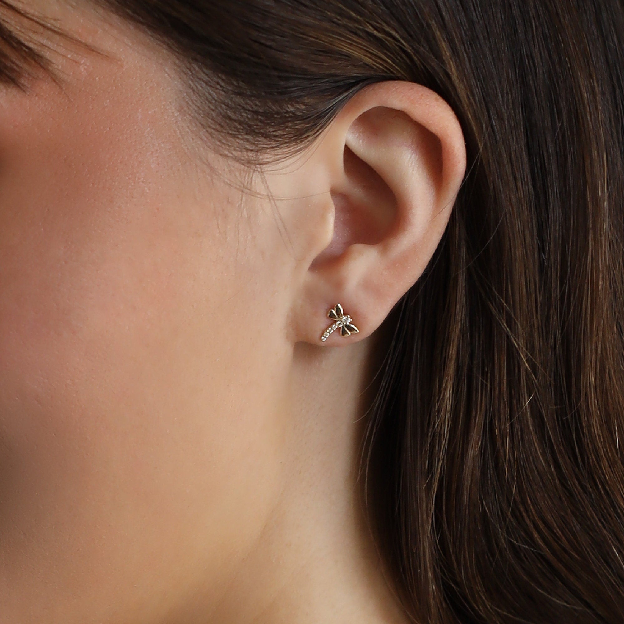 14k Gold Diamond Dragonfly Stud Earrings, Nature Inspired Gift