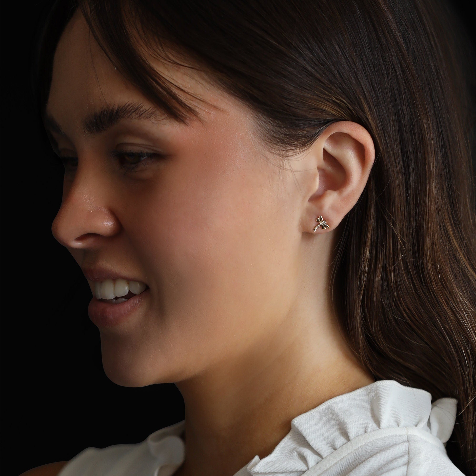 14k Gold Diamond Dragonfly Stud Earrings, Nature Inspired Gift