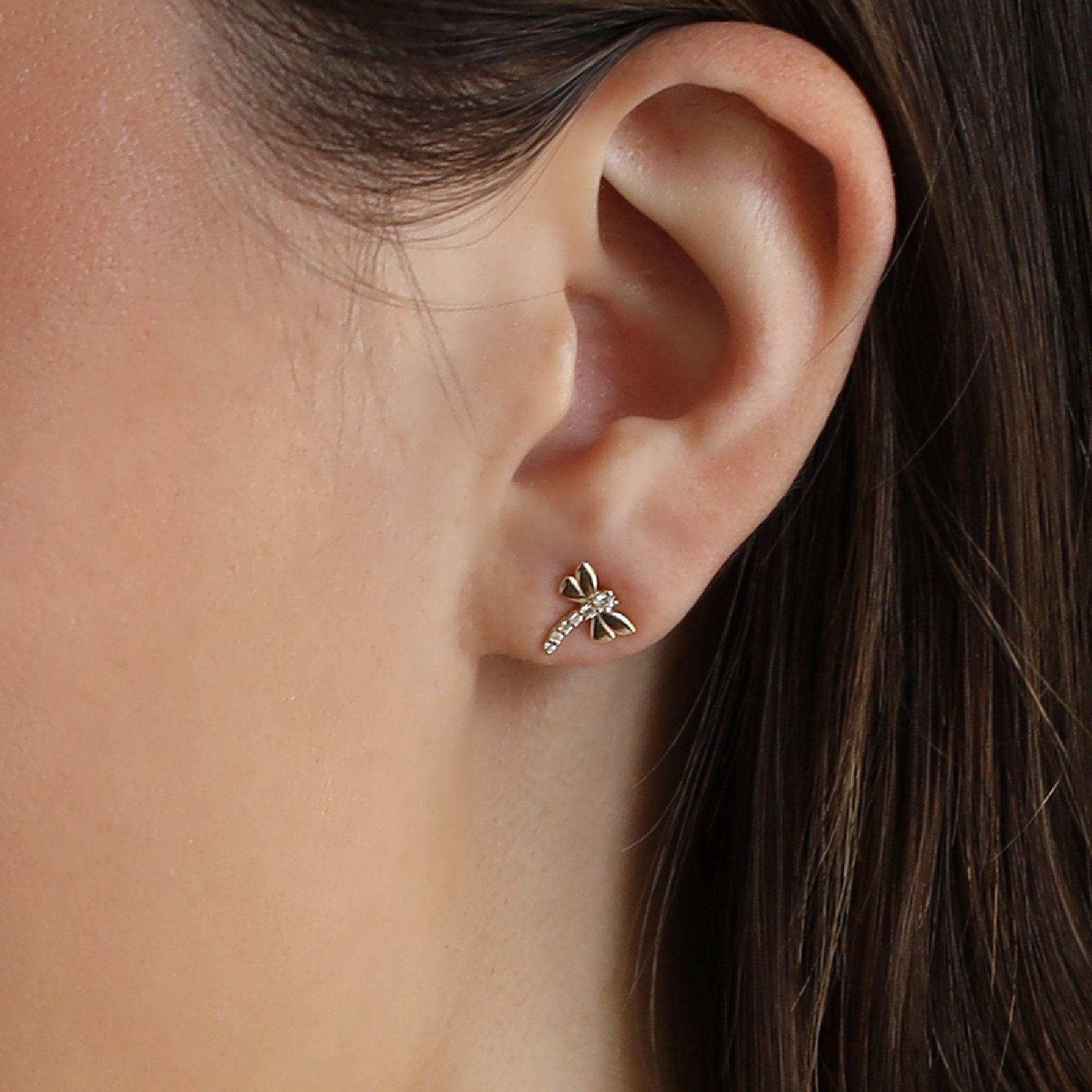 14k Gold Diamond Dragonfly Stud Earrings, Nature Inspired Gift
