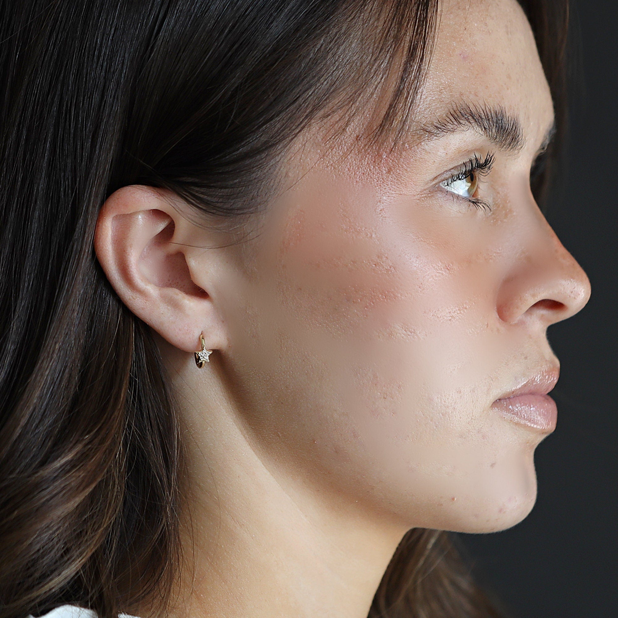 Paved Diamond Star Huggie Hoop Earrings 14k Gold