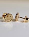 Smiley Face Stud Earrings 14k Solid Gold, Tiny Gold Studs