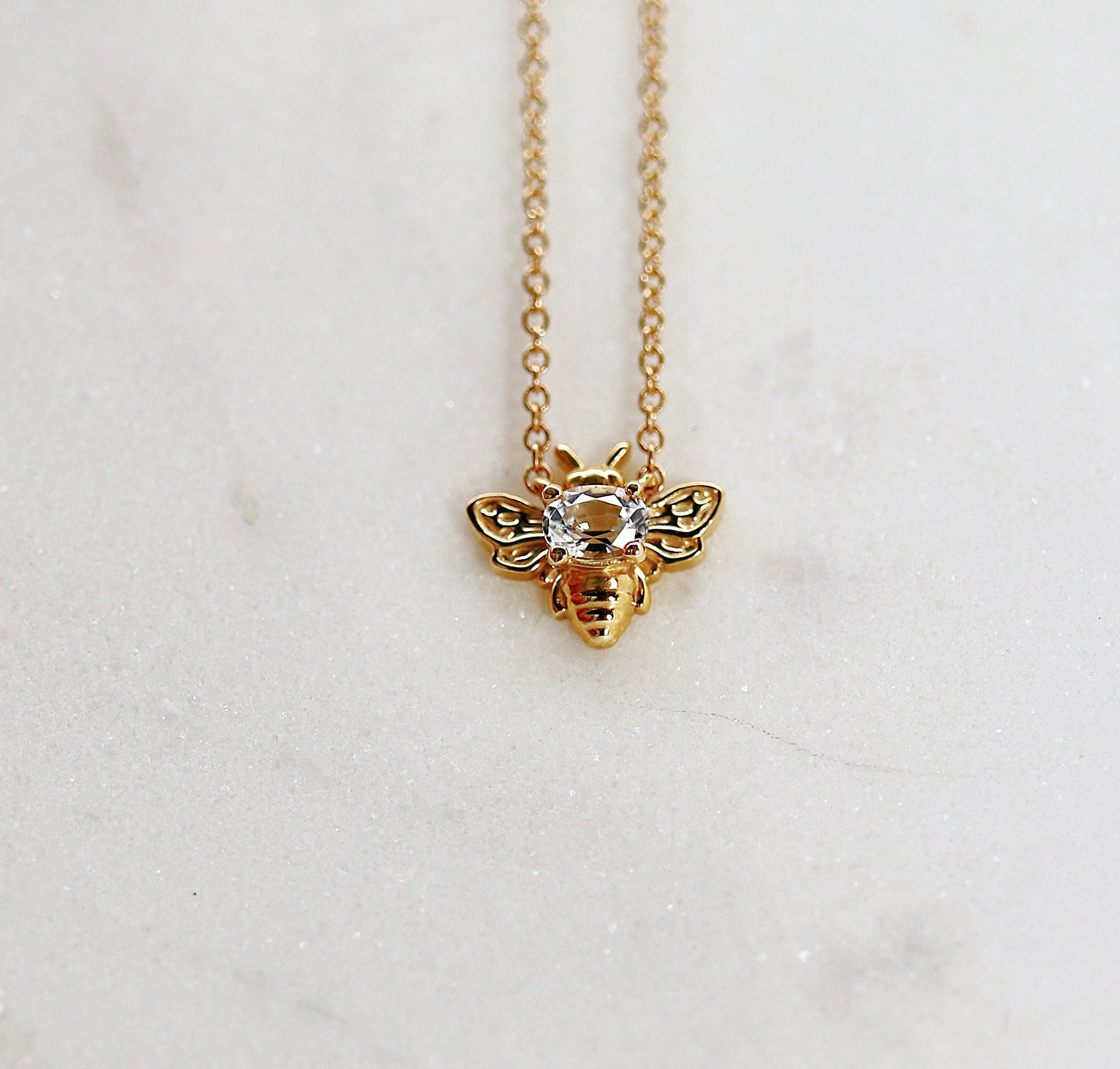 Gold Bee Necklace 14k Solid Gold, Natural Sapphire Bee Pendant