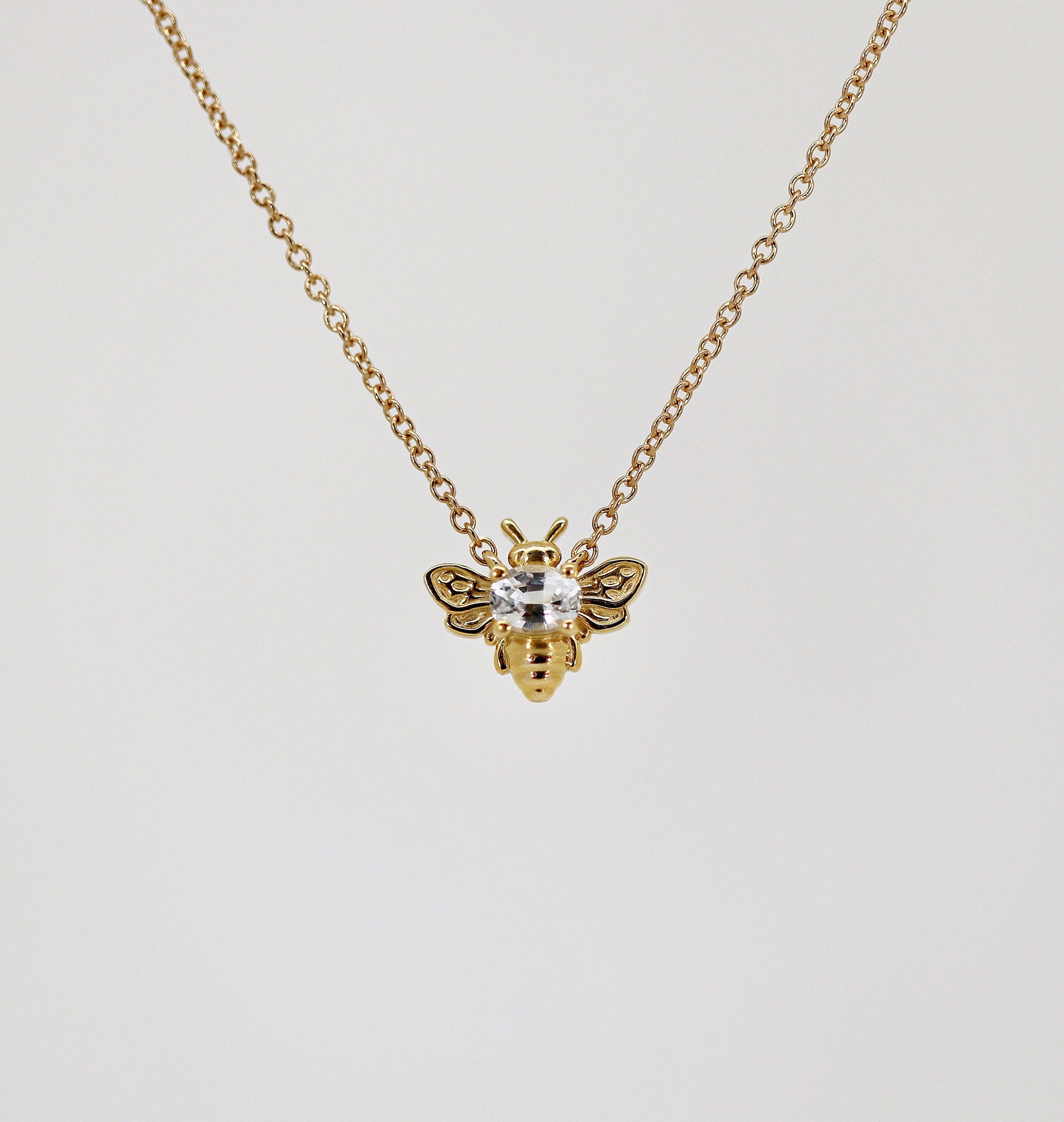 Gold Bee Necklace 14k Solid Gold, Natural Sapphire Bee Pendant
