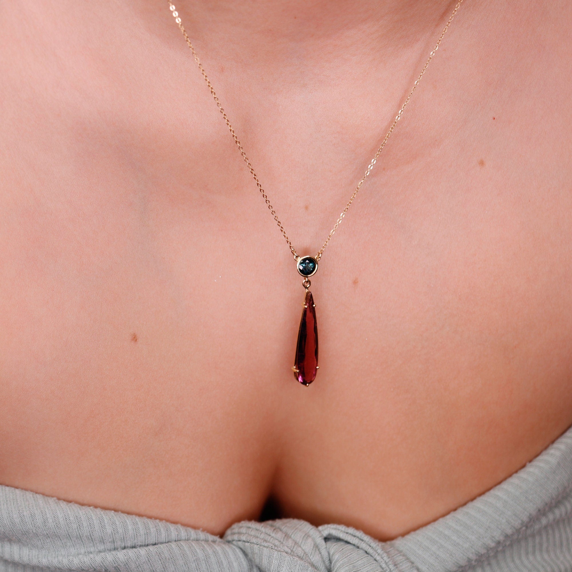 14k Gold Pink and Green Tourmaline Drop Necklace