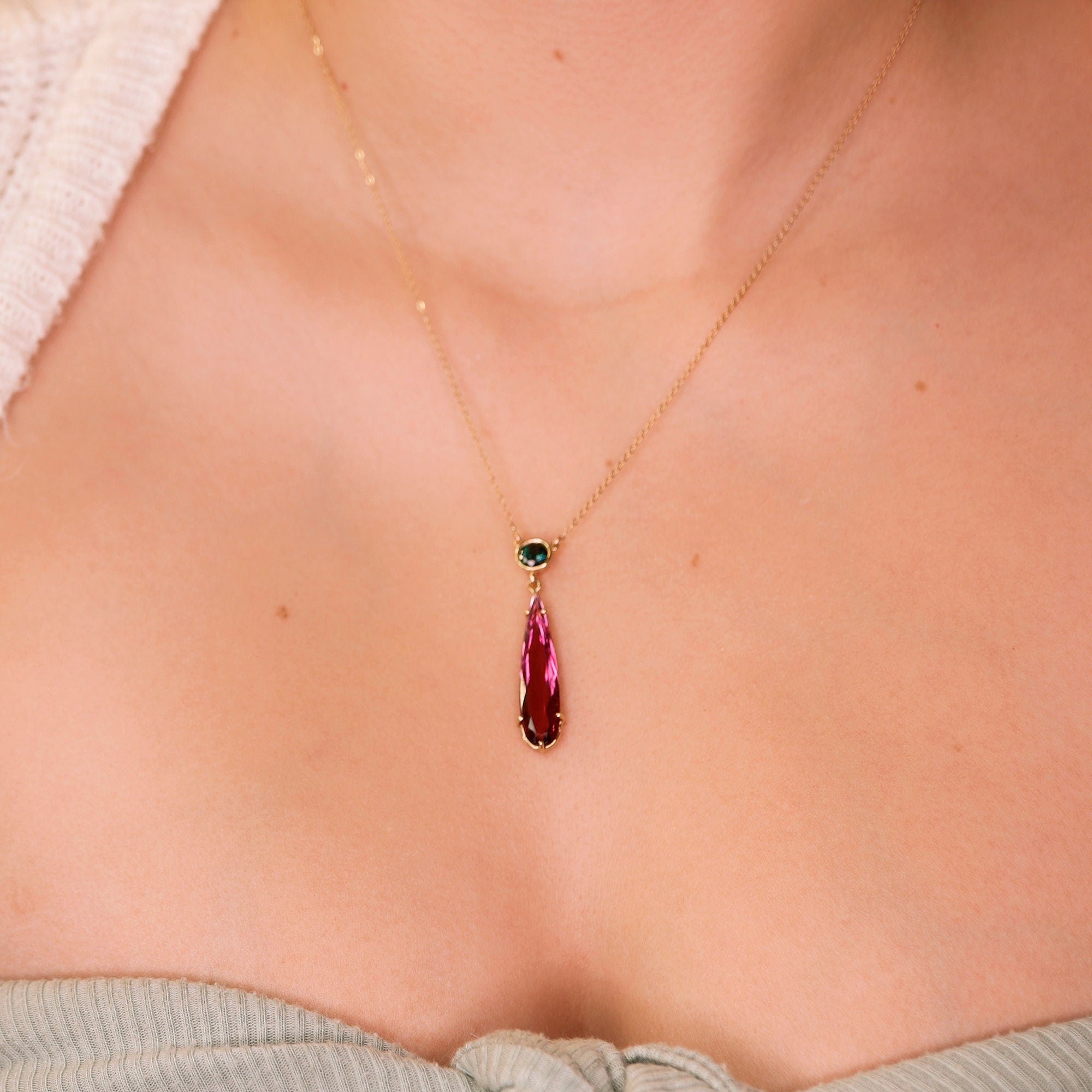 14k Gold Pink and Green Tourmaline Drop Necklace