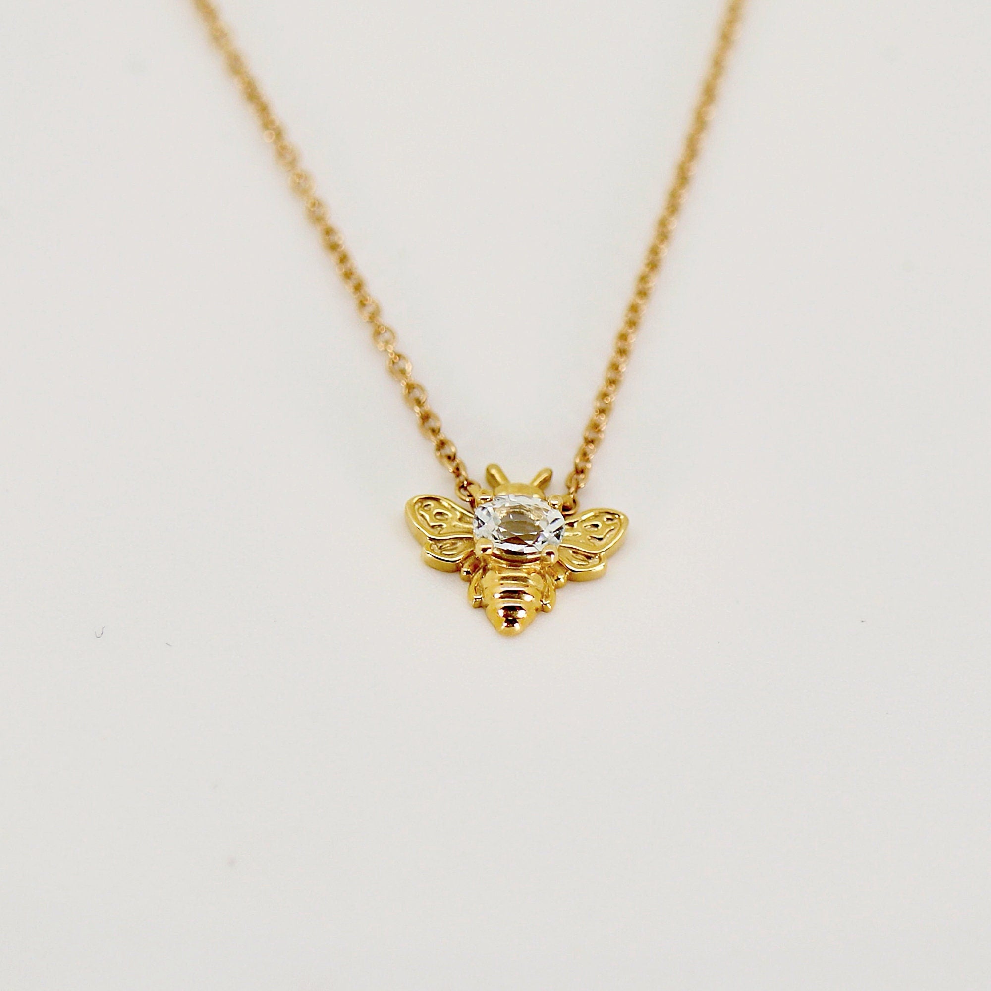 Gold Bee Necklace 14k Solid Gold, Natural Sapphire Bee Pendant