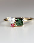 Indicolite Tourmaline, Moonstone and Ruby Cluster Ring / Colorful Engagement Ring