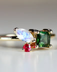 Indicolite Tourmaline Moonstone and Ruby Cluster Colorful Engagement Ring
