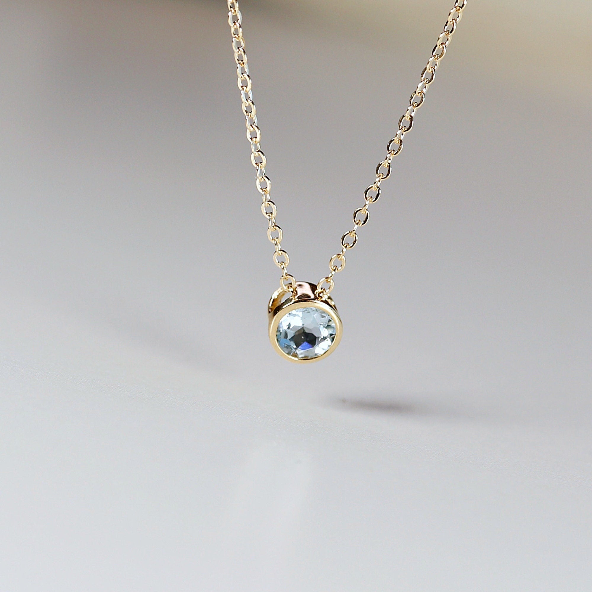 Bezel Set Swiss Blue Topaz Necklace 14k Solid Gold