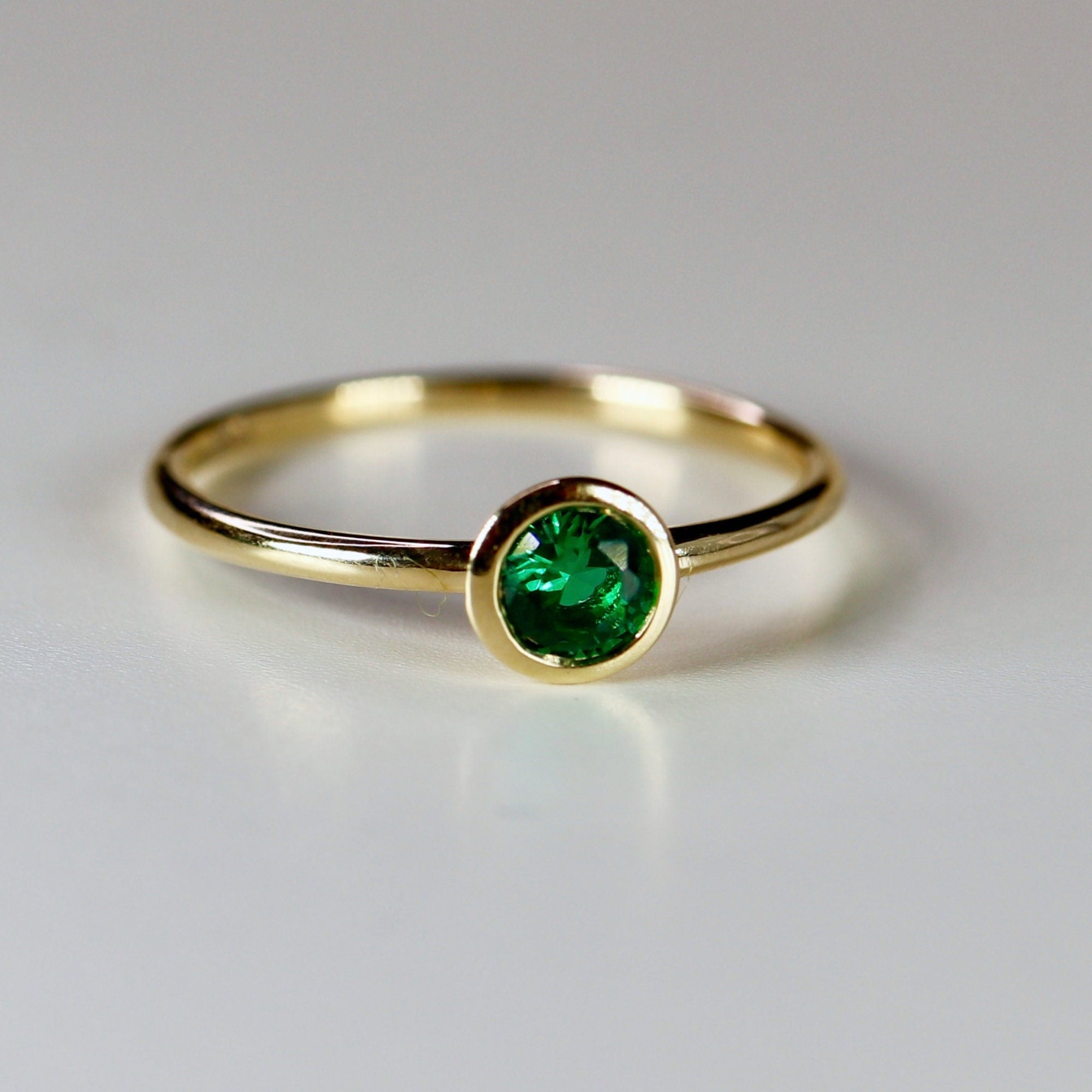 14k Gold Bezel Set Emerald Ring, Stacking Minimalist Gemstone Ring