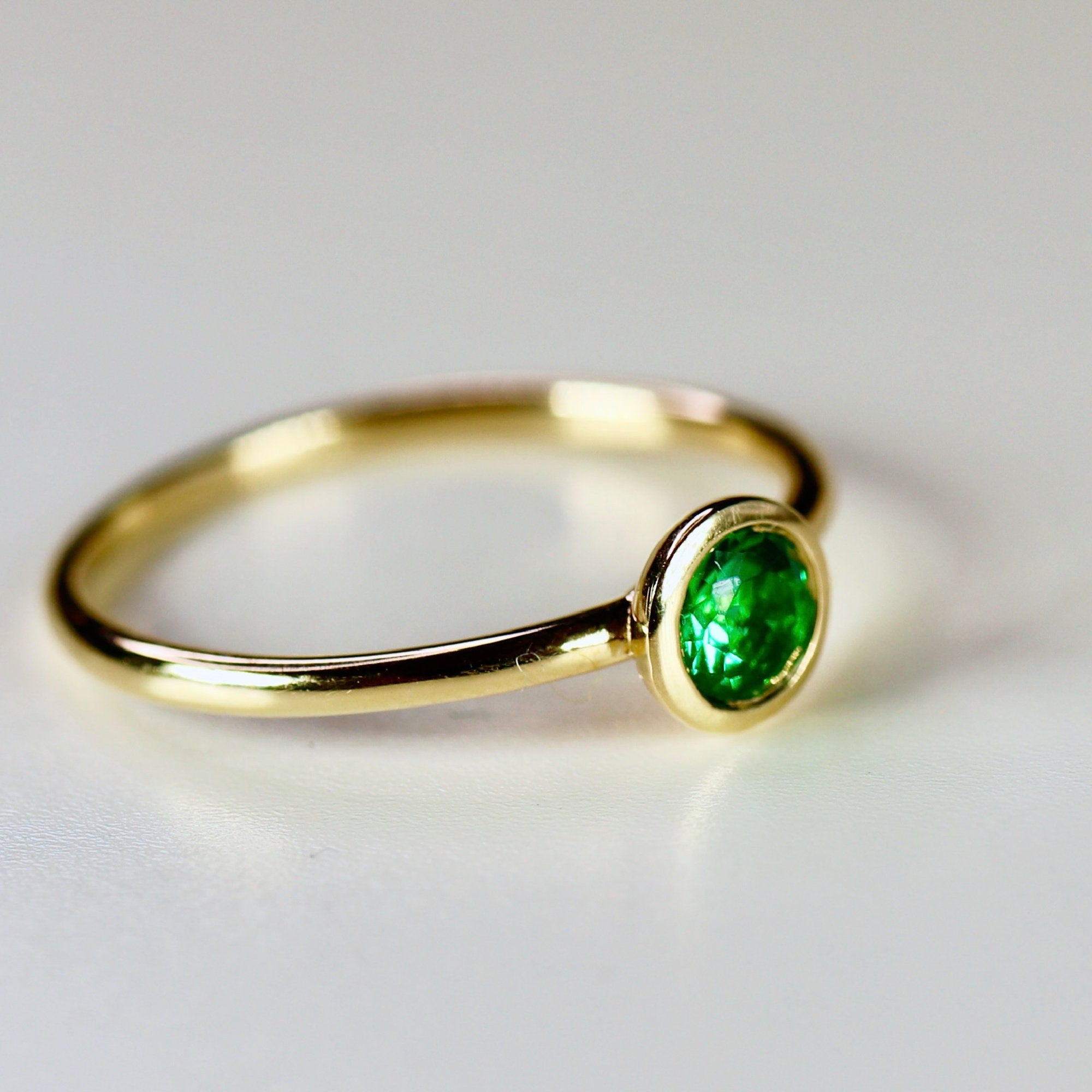 14k Gold Bezel Set Emerald Ring, Stacking Minimalist Gemstone Ring