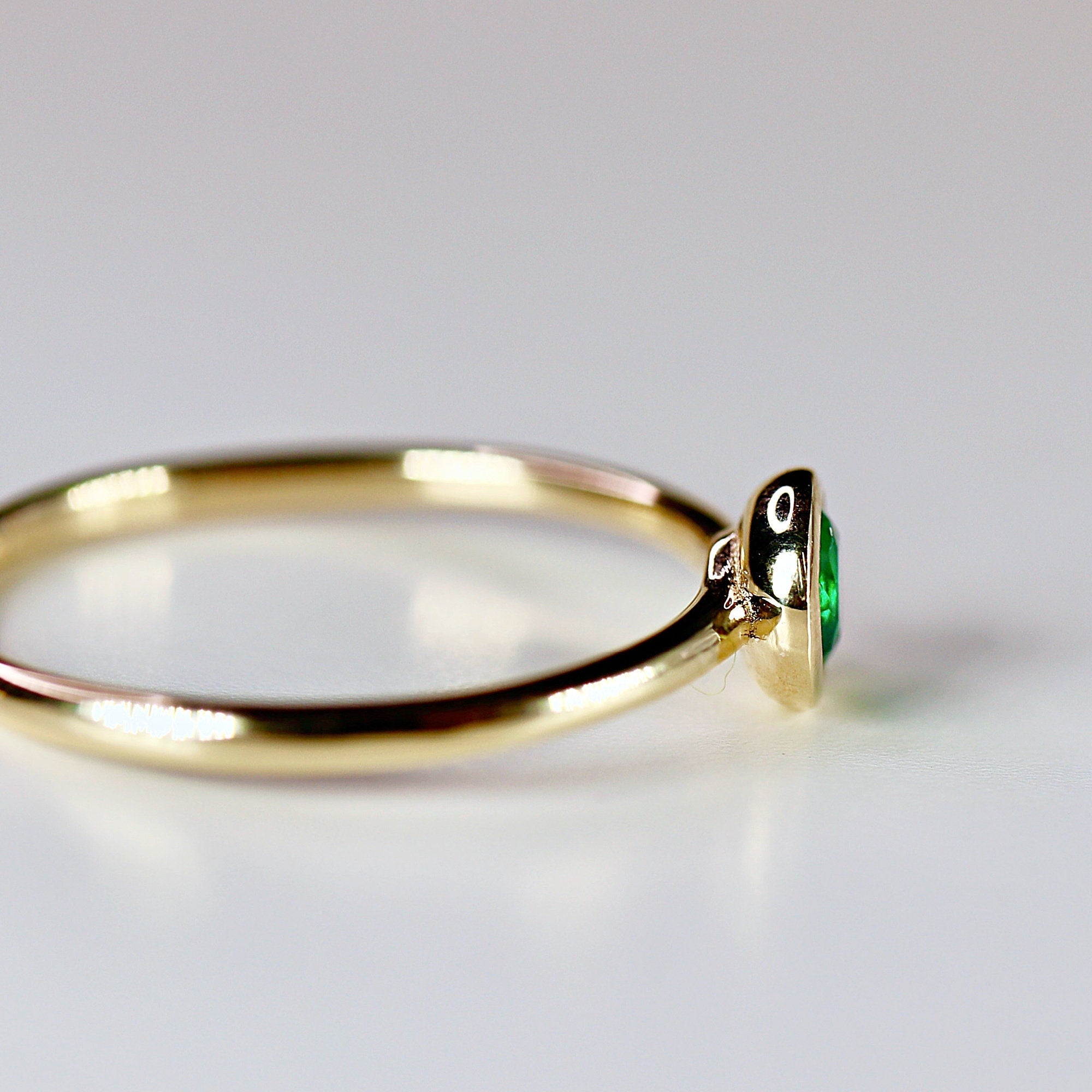 14k Gold Bezel Set Emerald Ring, Stacking Minimalist Gemstone Ring