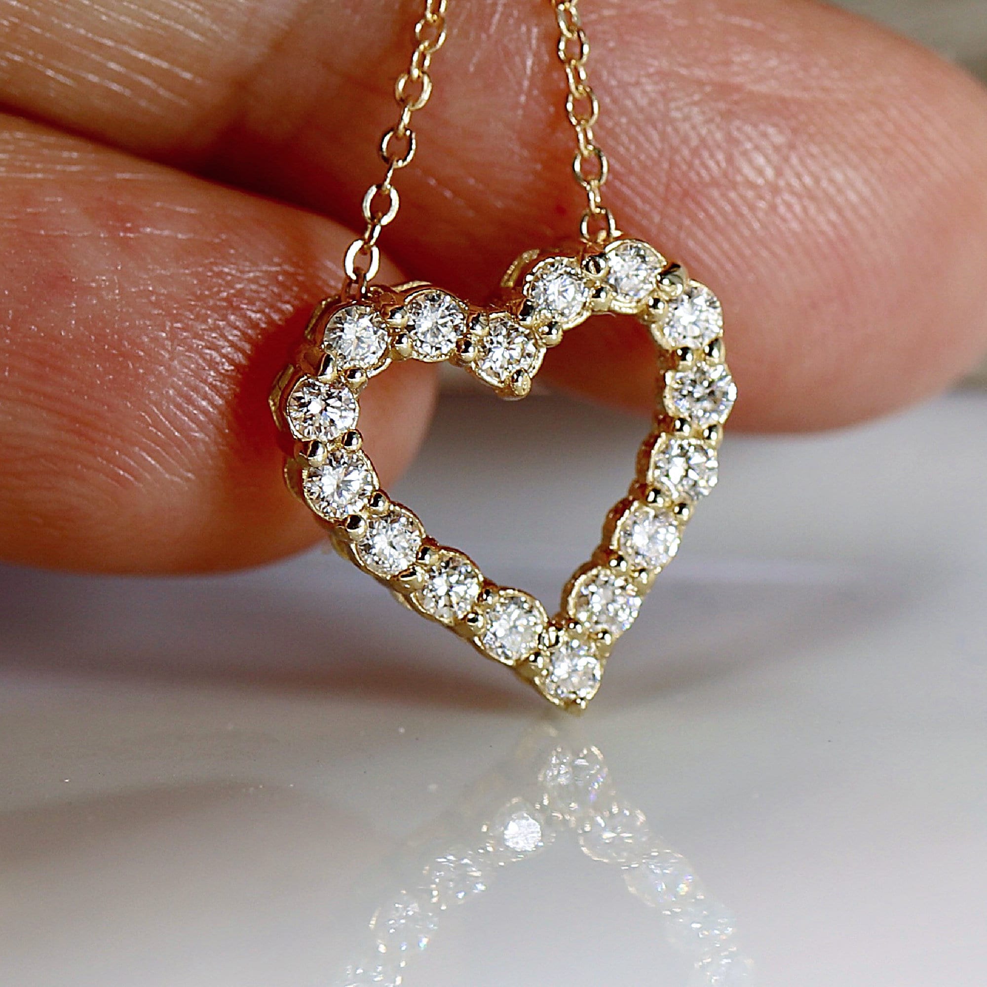 14k Gold Natural Diamond Sliding Open Heart Necklace