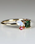 Indicolite Tourmaline, Moonstone and Ruby Cluster Ring / Colorful Engagement Ring
