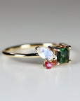 Indicolite Tourmaline Moonstone and Ruby Cluster Colorful Engagement Ring - Melt'm Jewelry