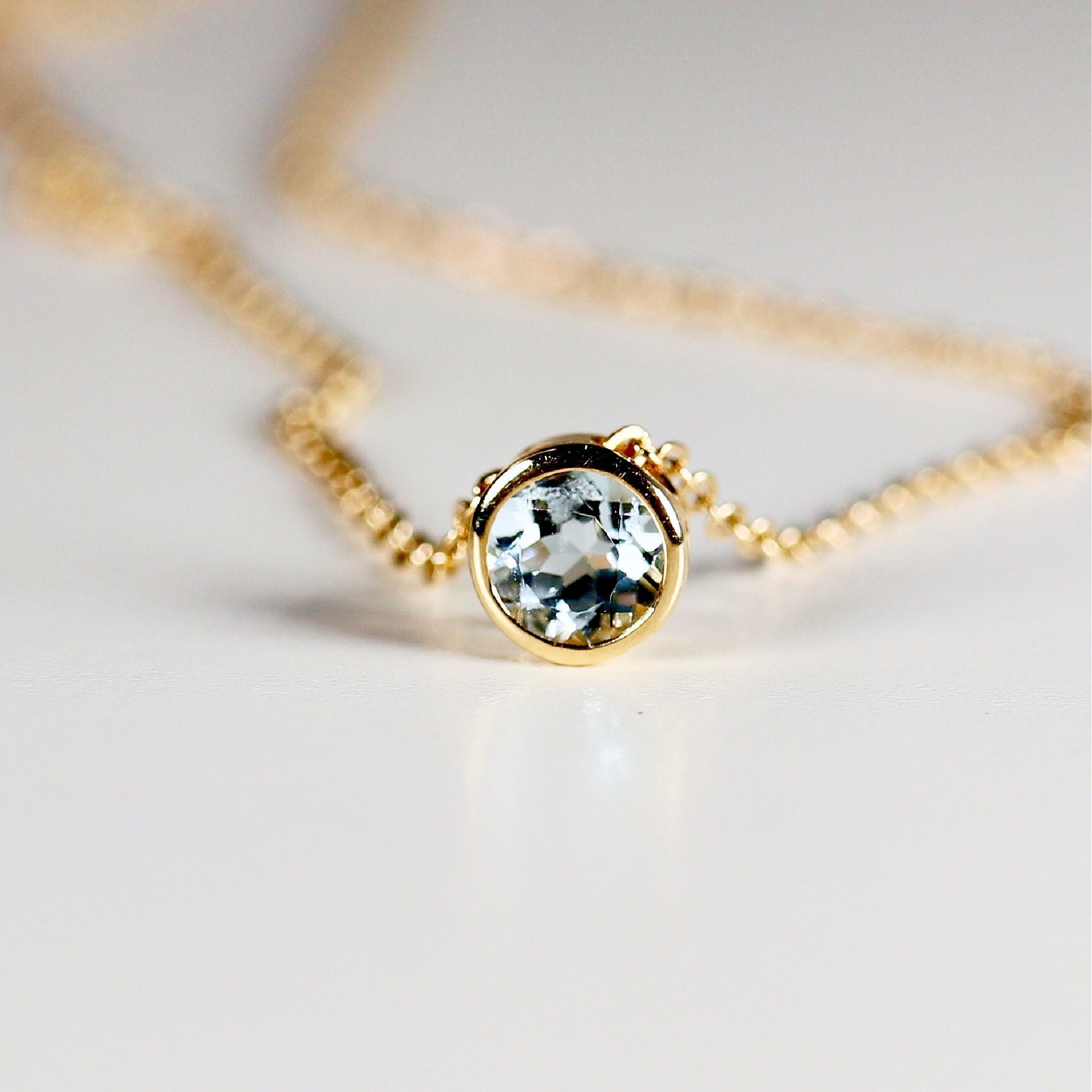 Bezel Set Swiss Blue Topaz Necklace 14k Solid Gold