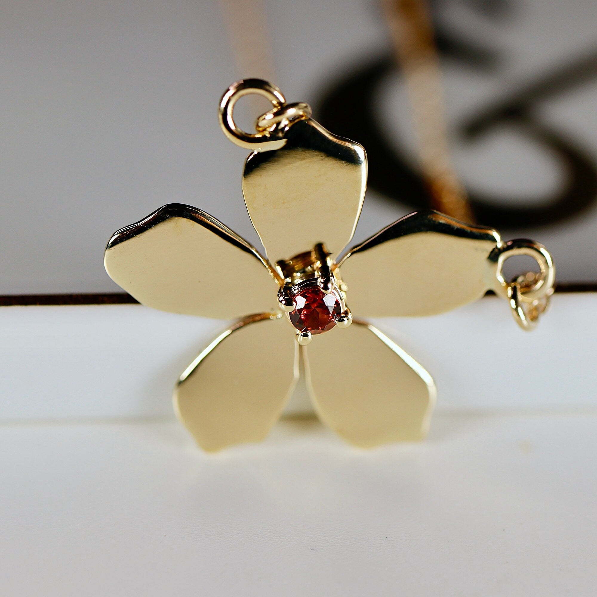 Sakura Necklace 14k Solid Gold, Cherry Blossom Charm Pendant