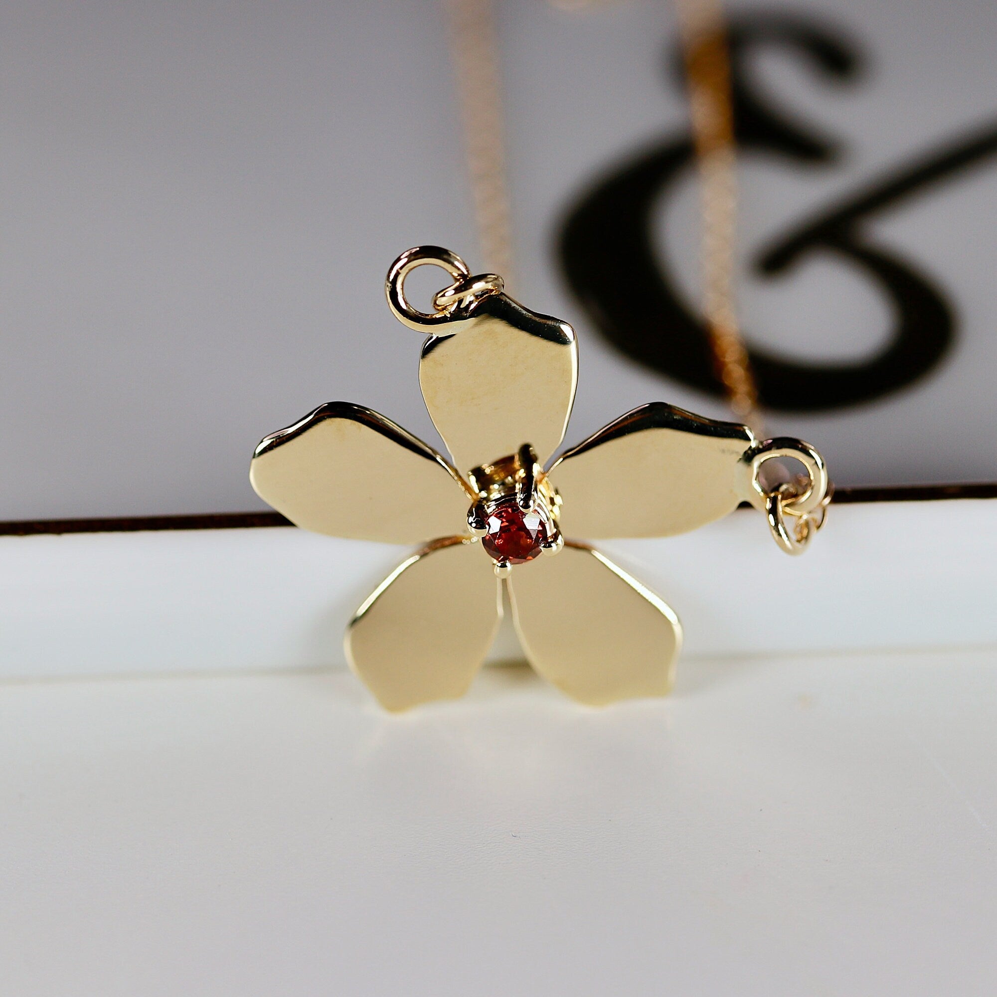 Sakura Necklace 14k Solid Gold, Cherry Blossom Charm Pendant