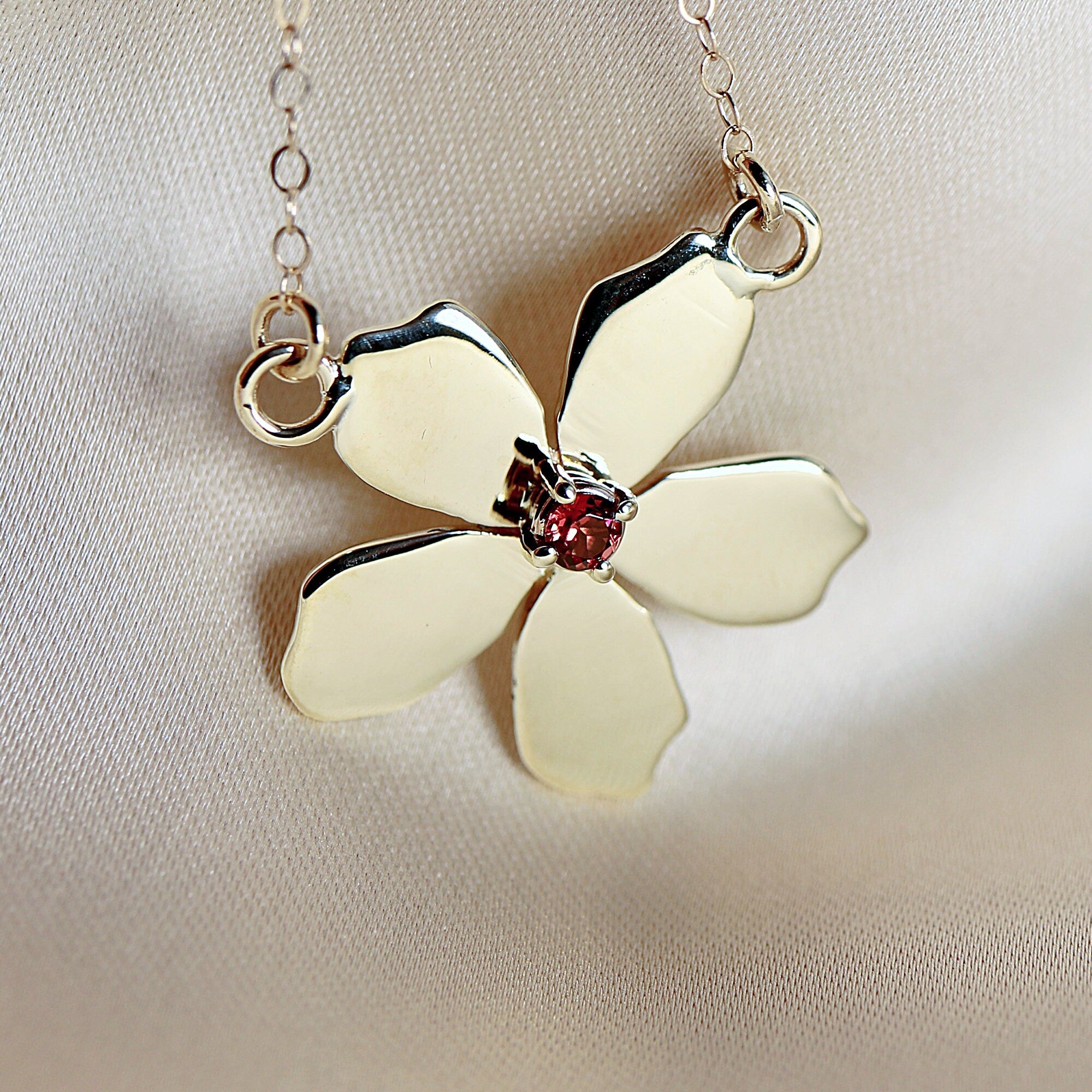 Sakura Necklace 14k Solid Gold, Cherry Blossom Charm Pendant