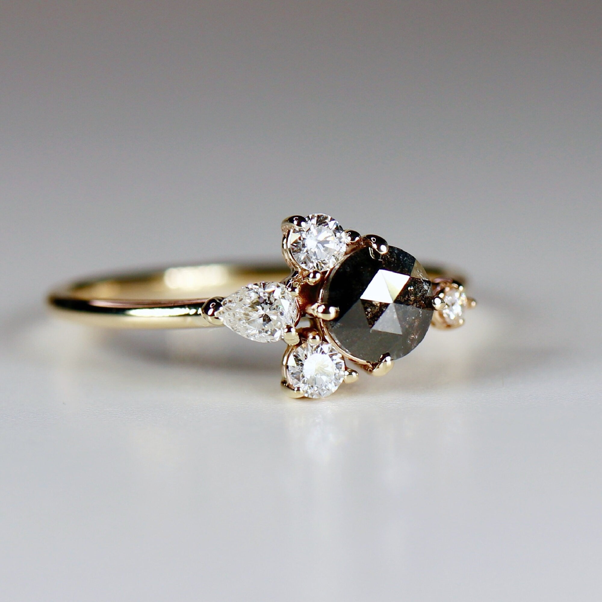 Handcrafted Rose Cut Salt and Pepper Diamond Cluster Ring
