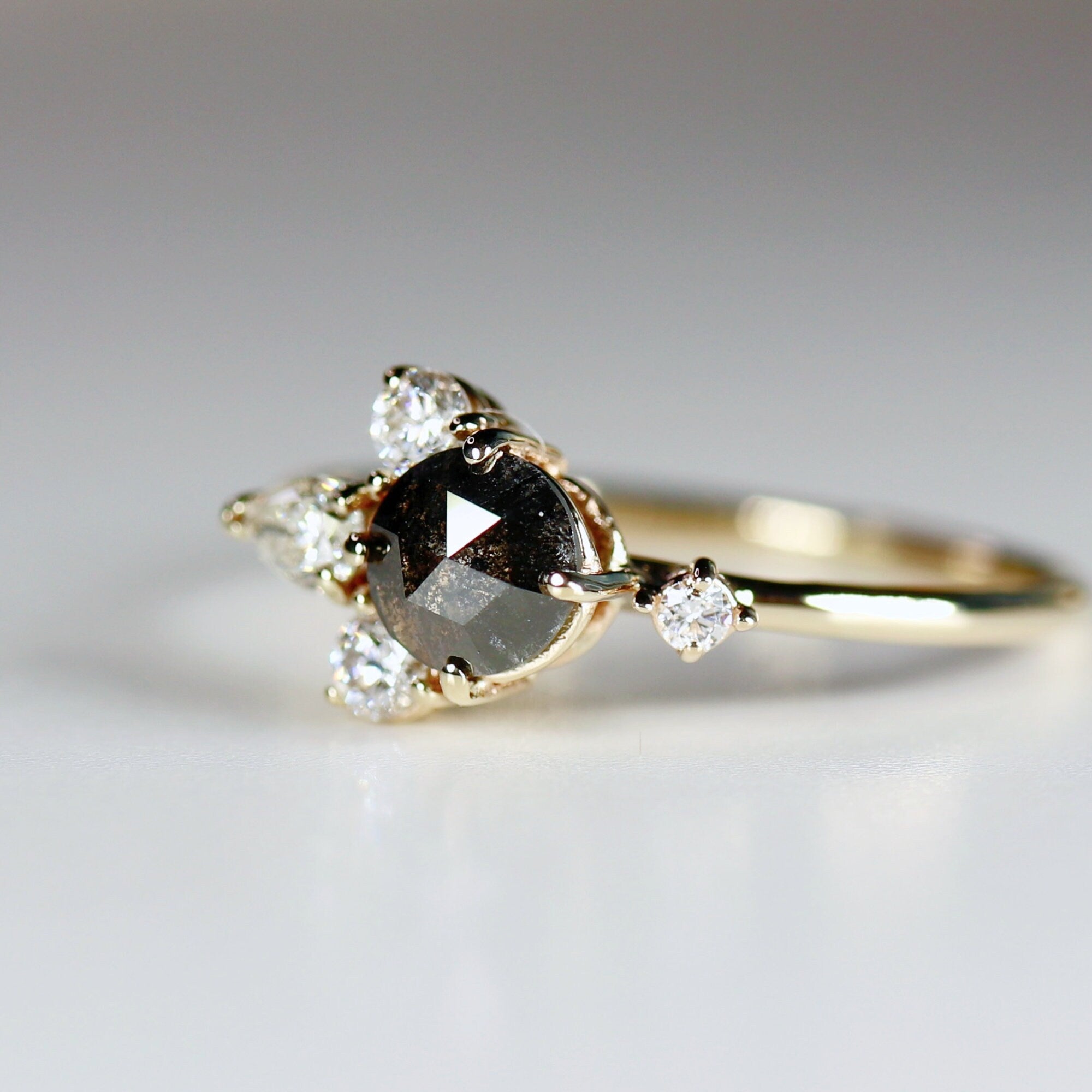 Handcrafted Rose Cut Salt and Pepper Diamond Cluster Ring