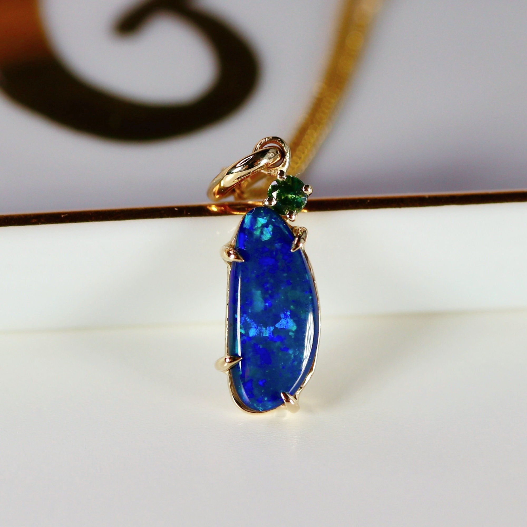 Boulder Opal w Sapphire Pendant 14k Solid Gold