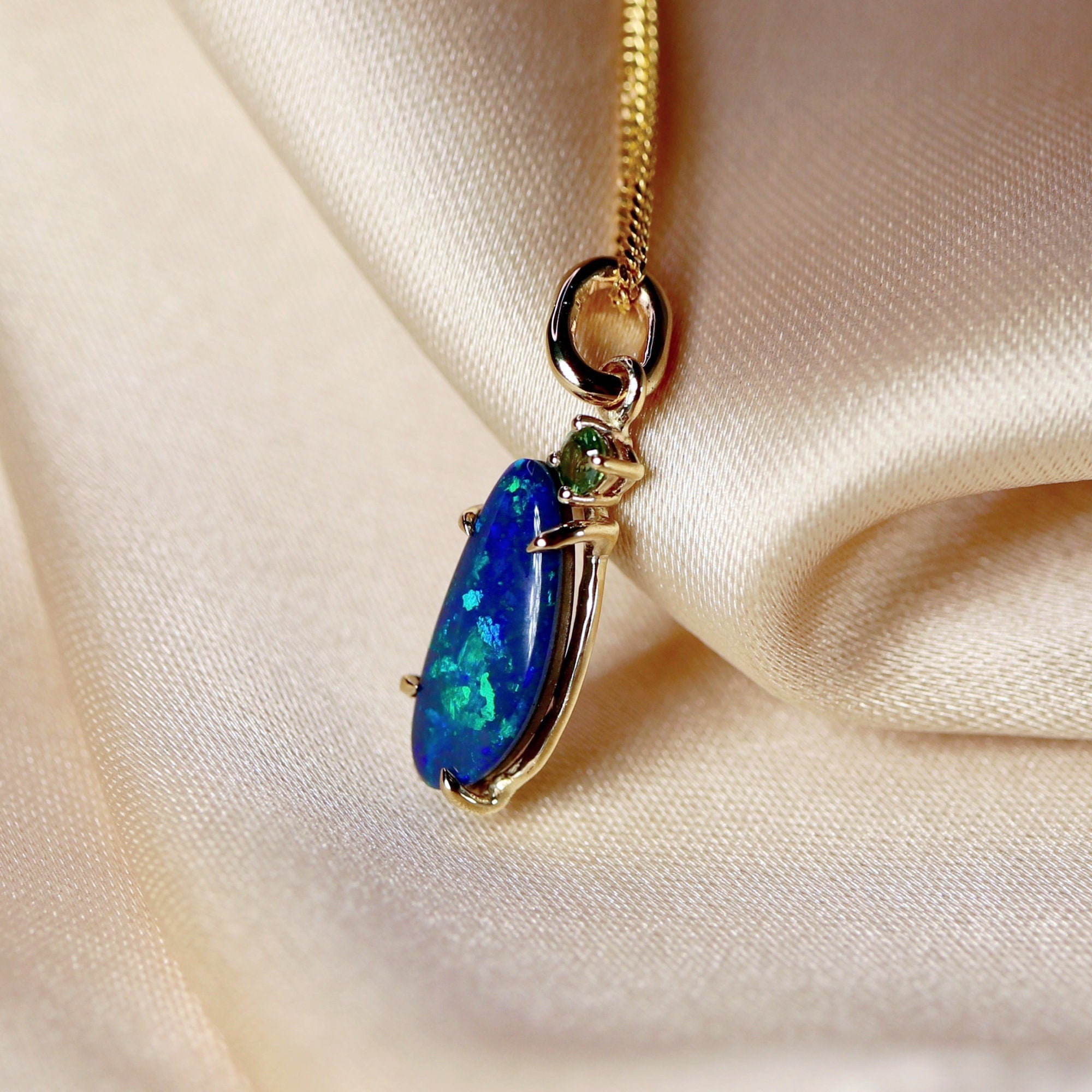 Boulder Opal w Sapphire Pendant 14k Solid Gold